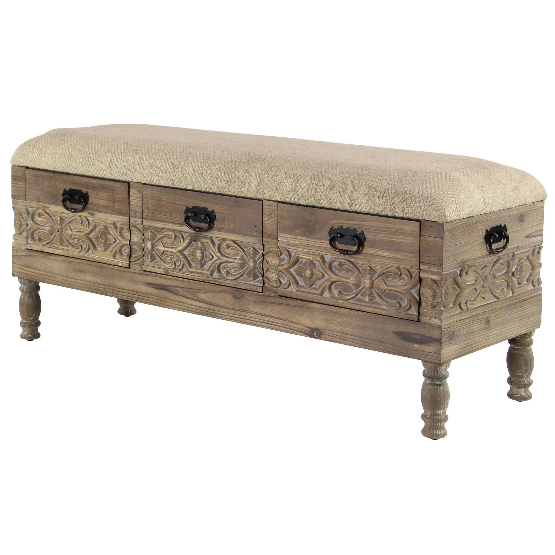 Floral Brown Wood Intricately Carved Room Storage Bench with Cream Burlap Top