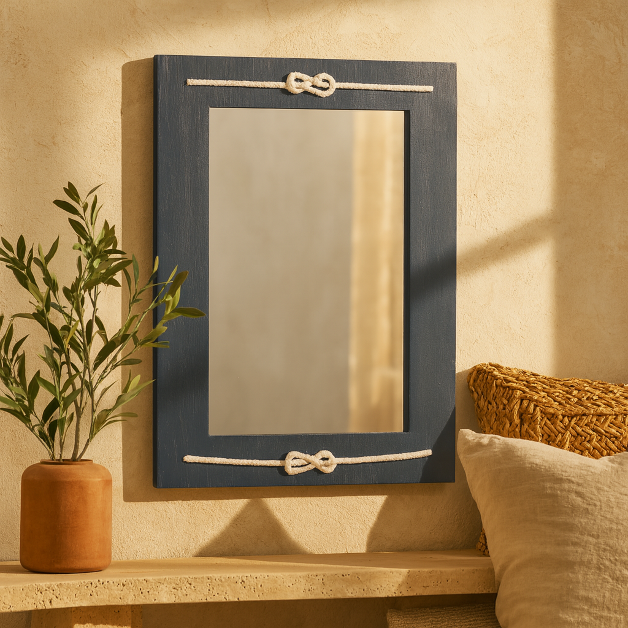 Blue Wood Room Wall Mirror with Knotted Rope
