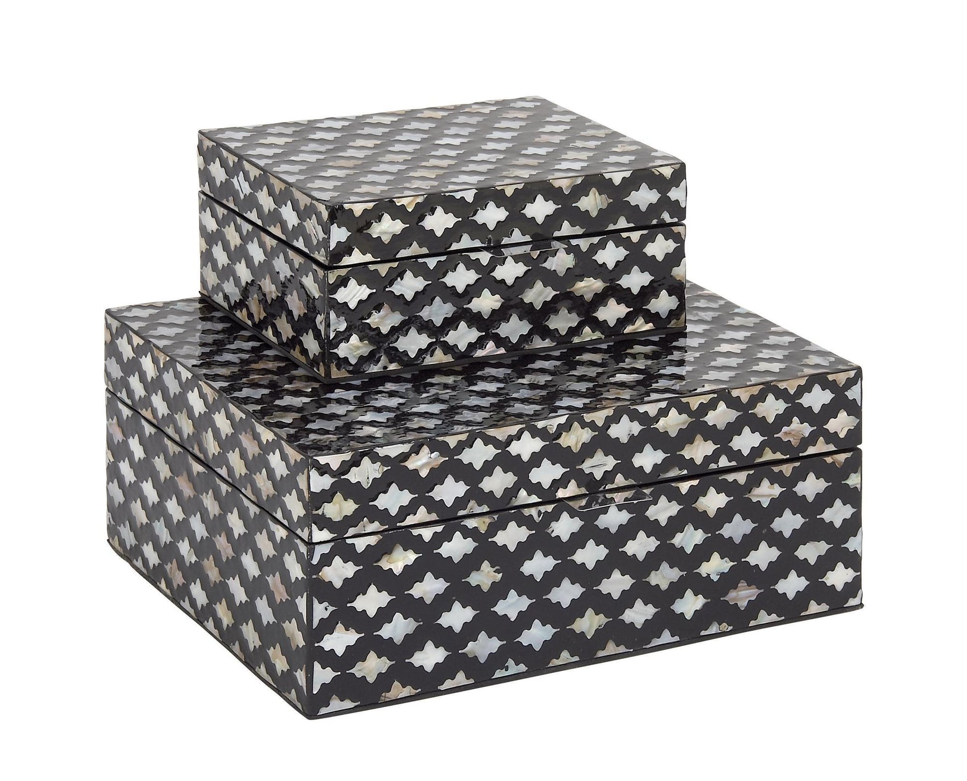 Set of 2 Moroccan Black Mother of Pearl Shell Decorative Box with Hinged Lid