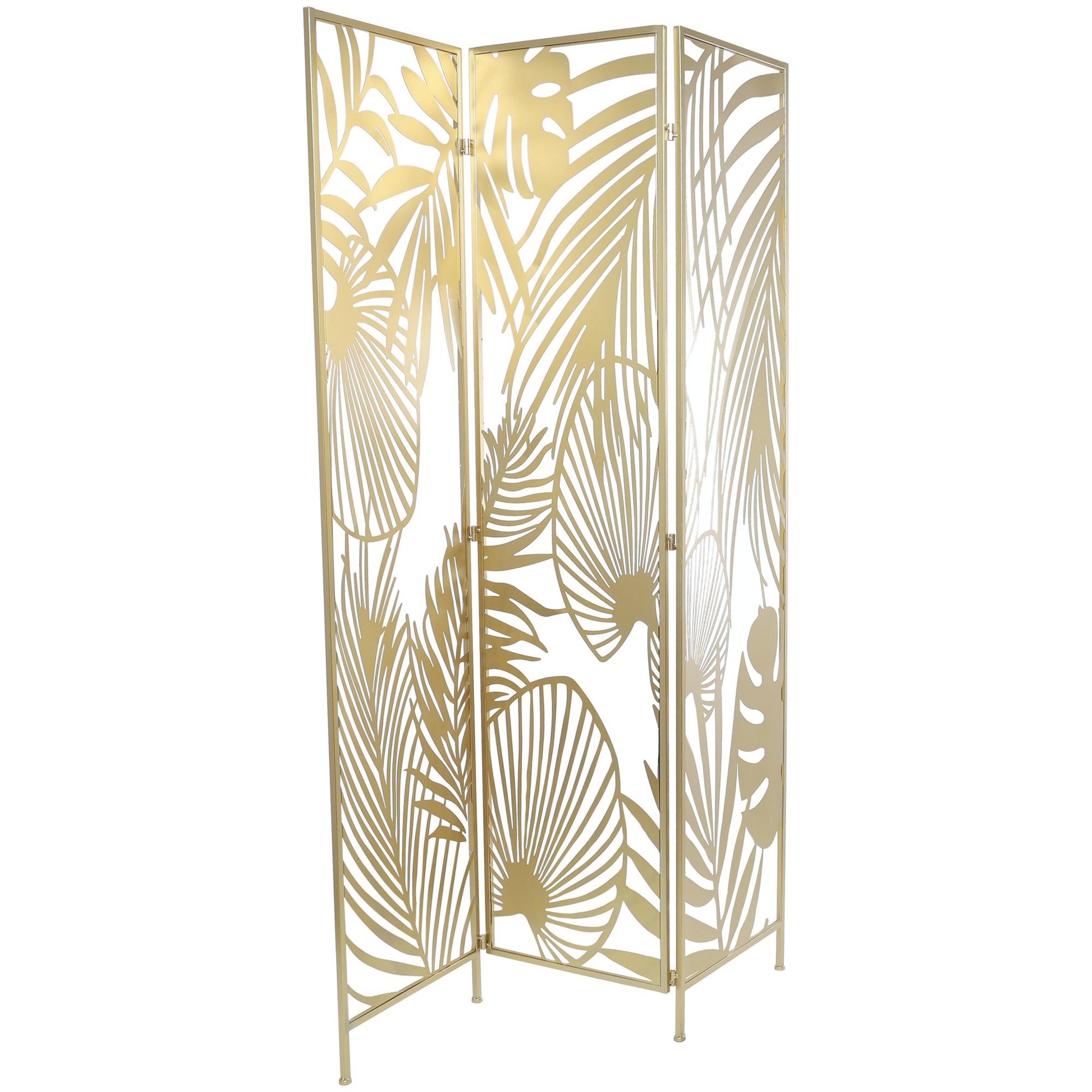 Leaf Gold Metal Foldable Partition Cutout Palm Leaf 3 Panel Partition Room Divider Screen