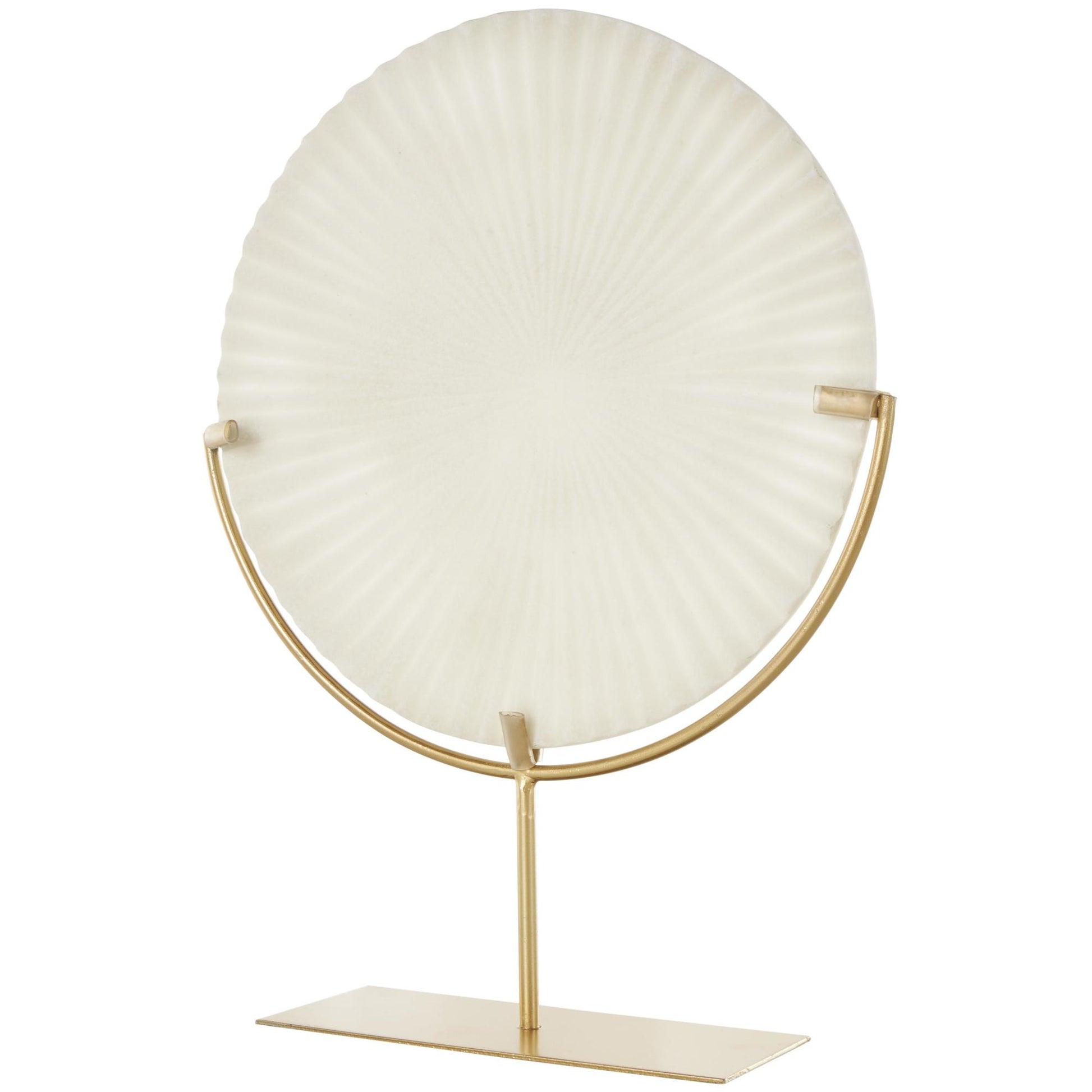Starburst White Polystone Textured Round Disk Decorative Sculpture with Gold Stand