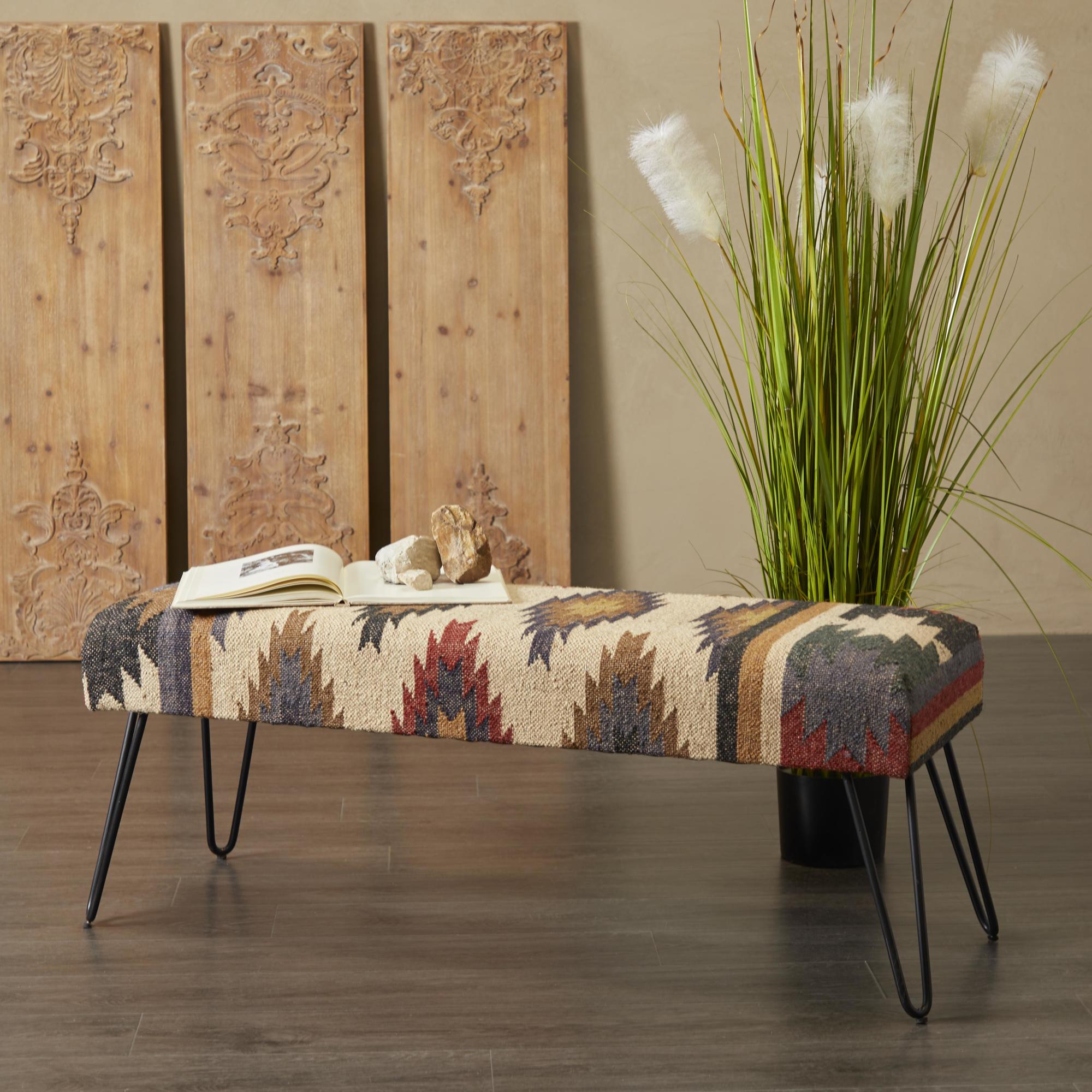 Floral Cotton Fabric Home Bench with Metal Hairpin Legs 47" x 19" x 16"