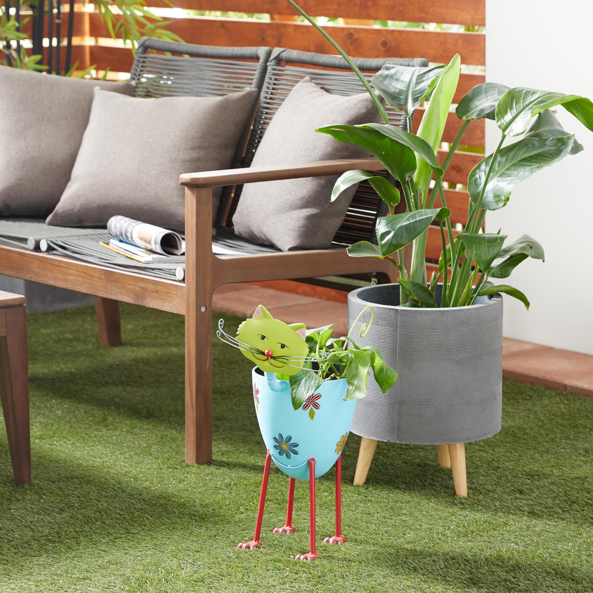 Cat Blue Metal Indoor Outdoor Planter with Flower Pattern