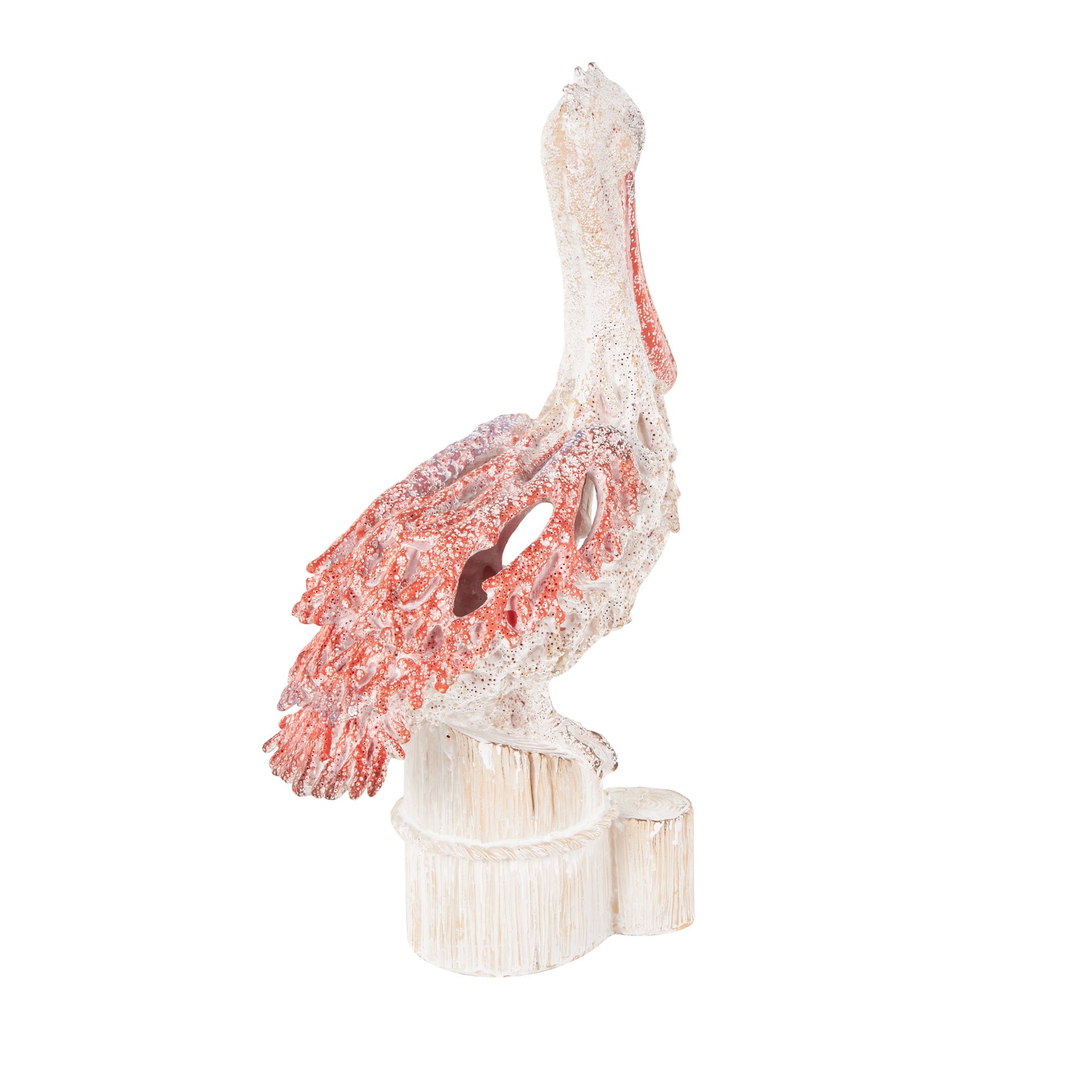 Pelican Polystone Textured Decorative Sculpture with Red Feathers and Round Blocks 8" x 4" x 13"