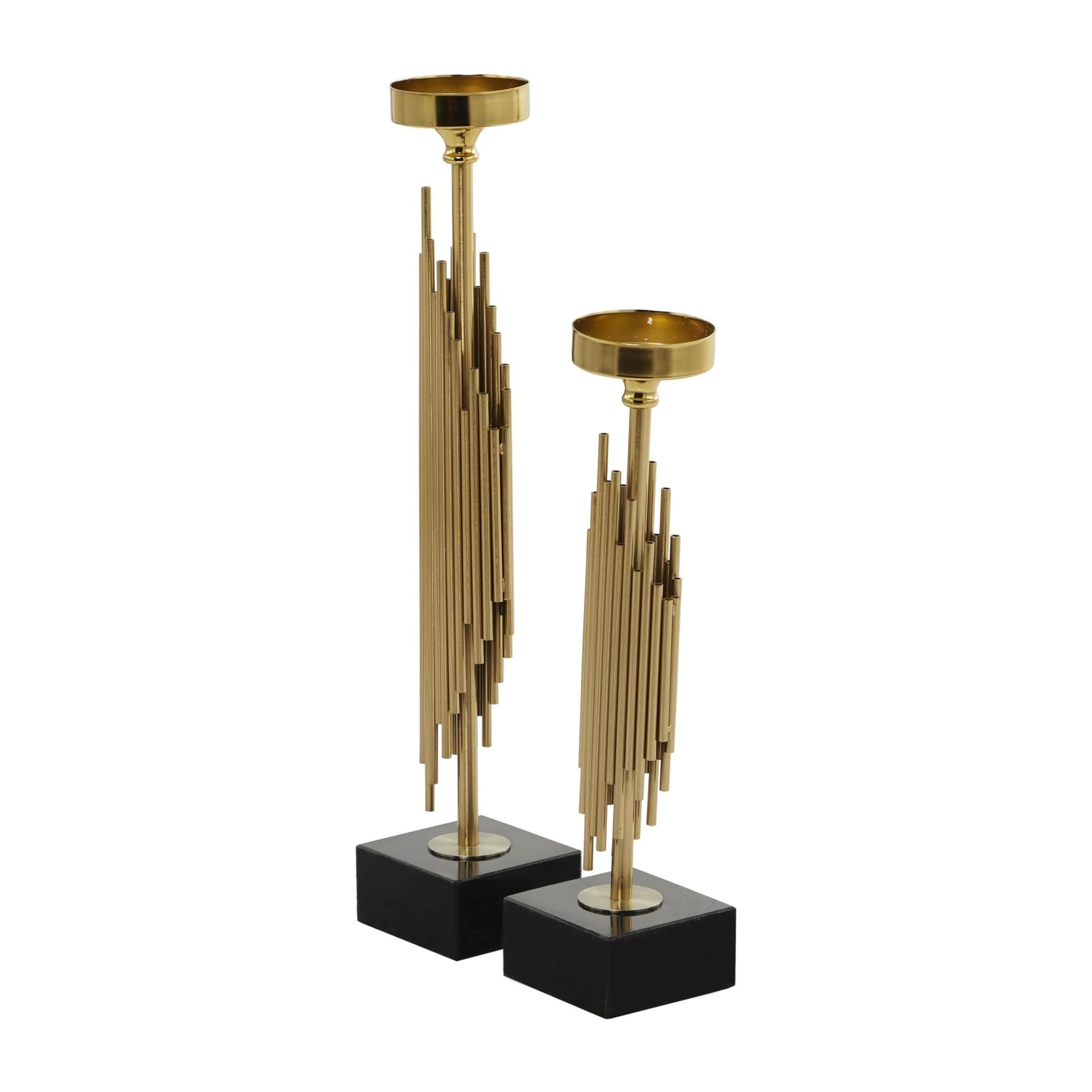 Set of 2 Abstract Gold Stainless Steel Metal Vertical Pipe Decorative Candle Holder with Black Marble Base