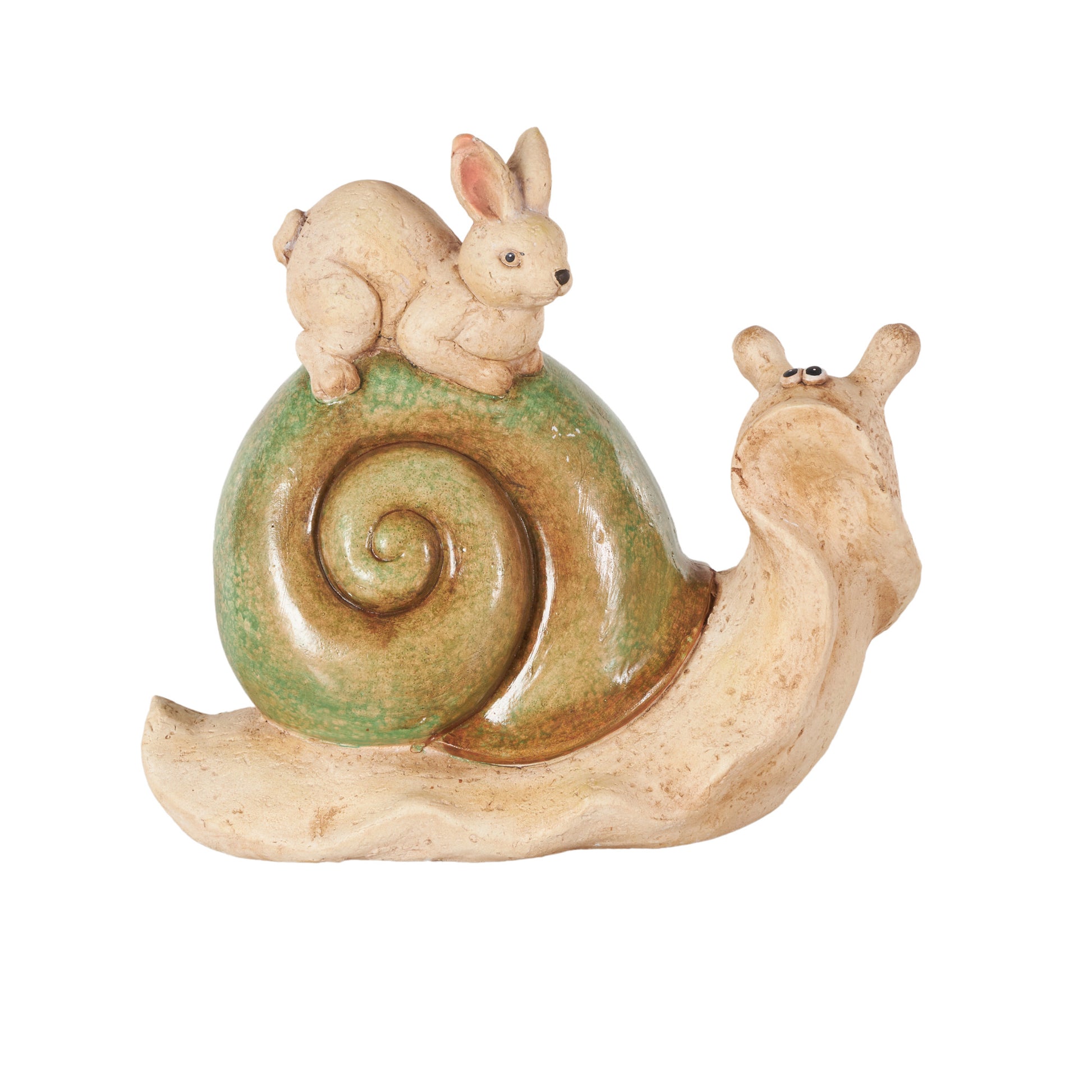 Snail Cream Magnesium Oxide Decorative Garden Sculpture with Rabbit and Green Accents