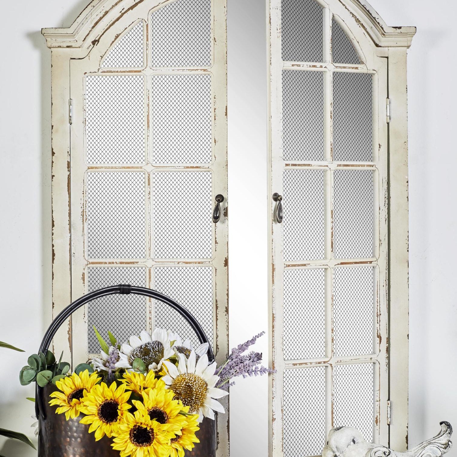 Cream Wood Window Pane Inspired Room Wall Mirror with Arched Top and Distressing