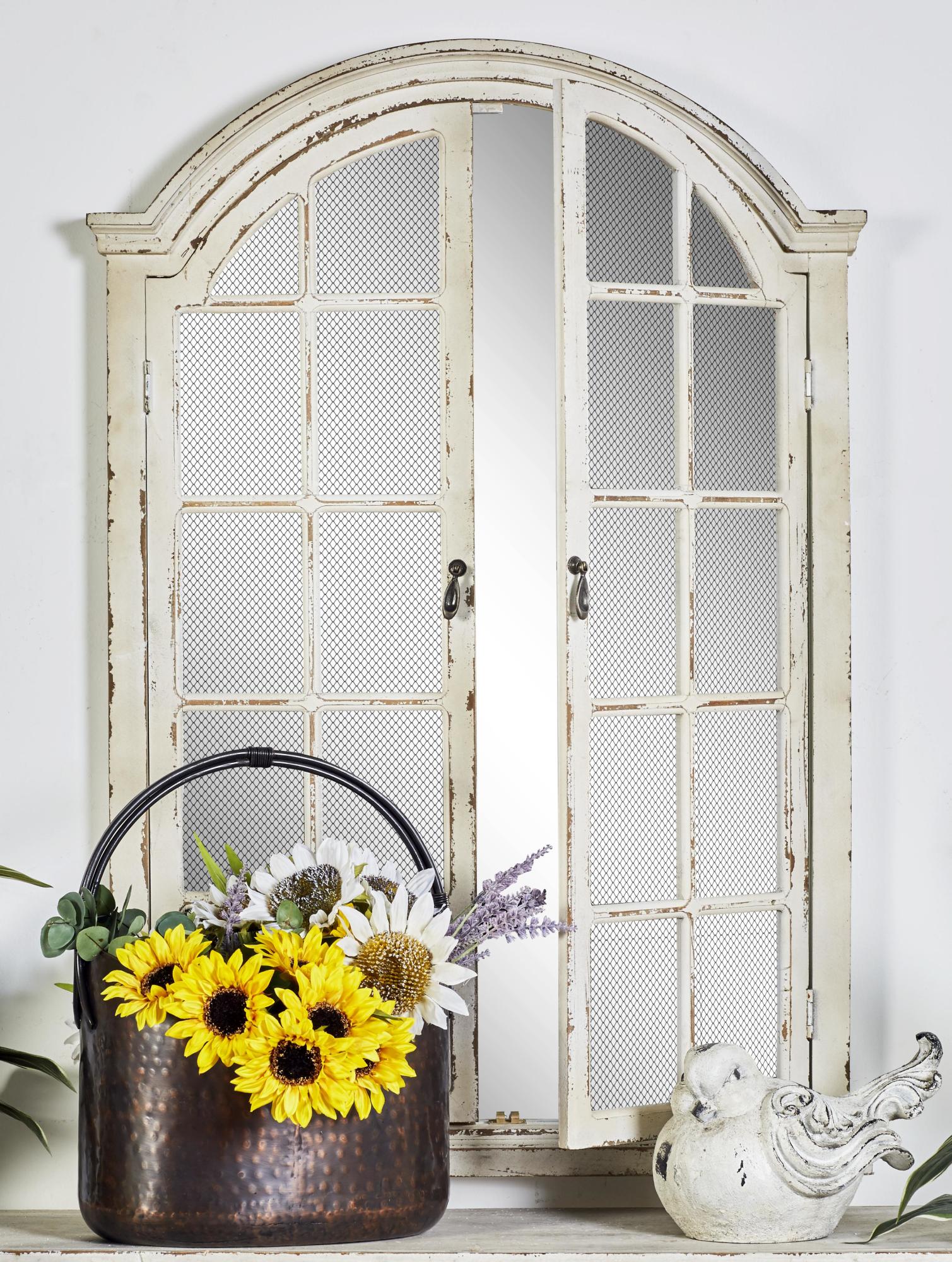 Cream Wood Window Pane Inspired Room Wall Mirror with Arched Top and Distressing