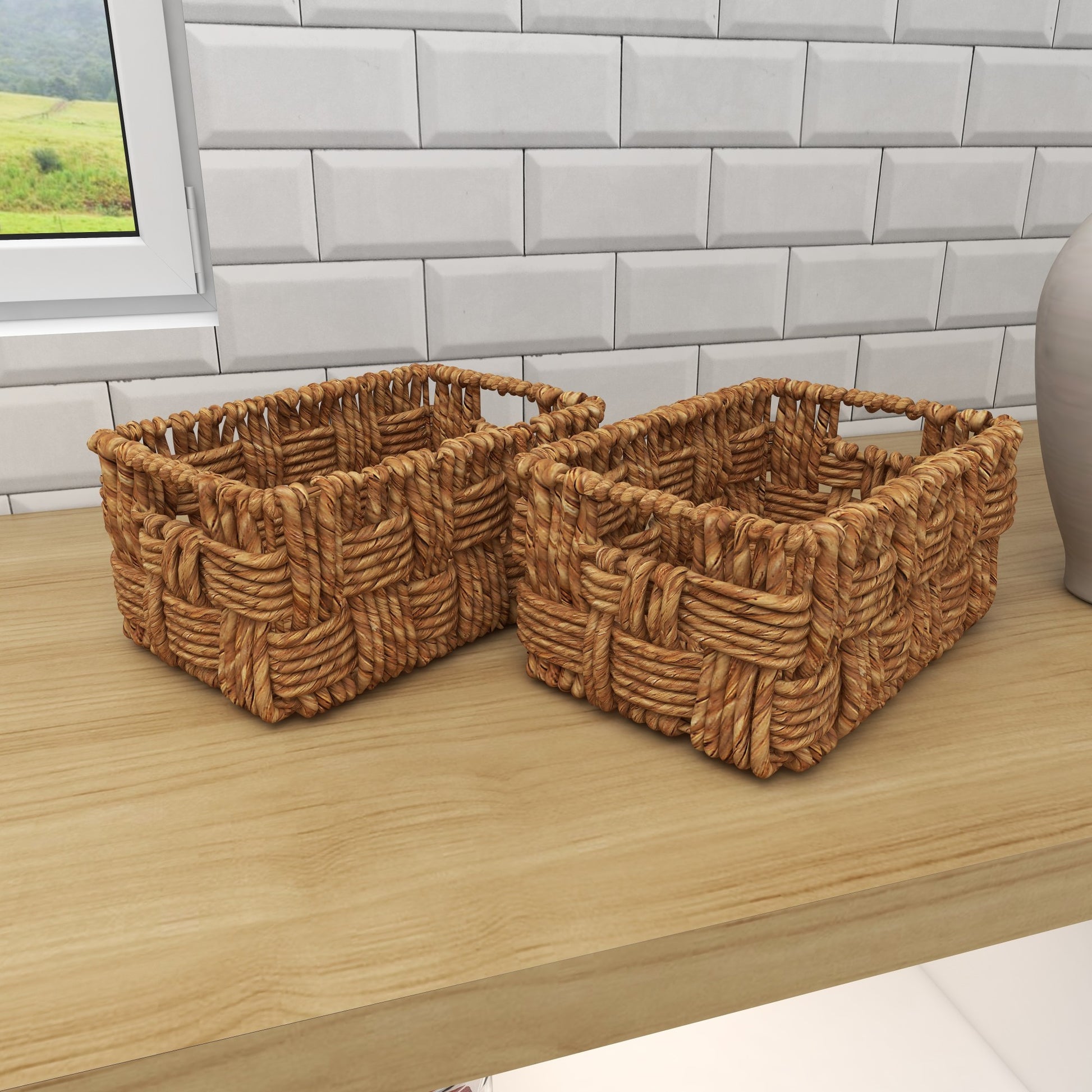 Set of 2 Brown Jute Rope Handmade Woven Rectangular Decorative and Functional Storage Basket with Slit Handles