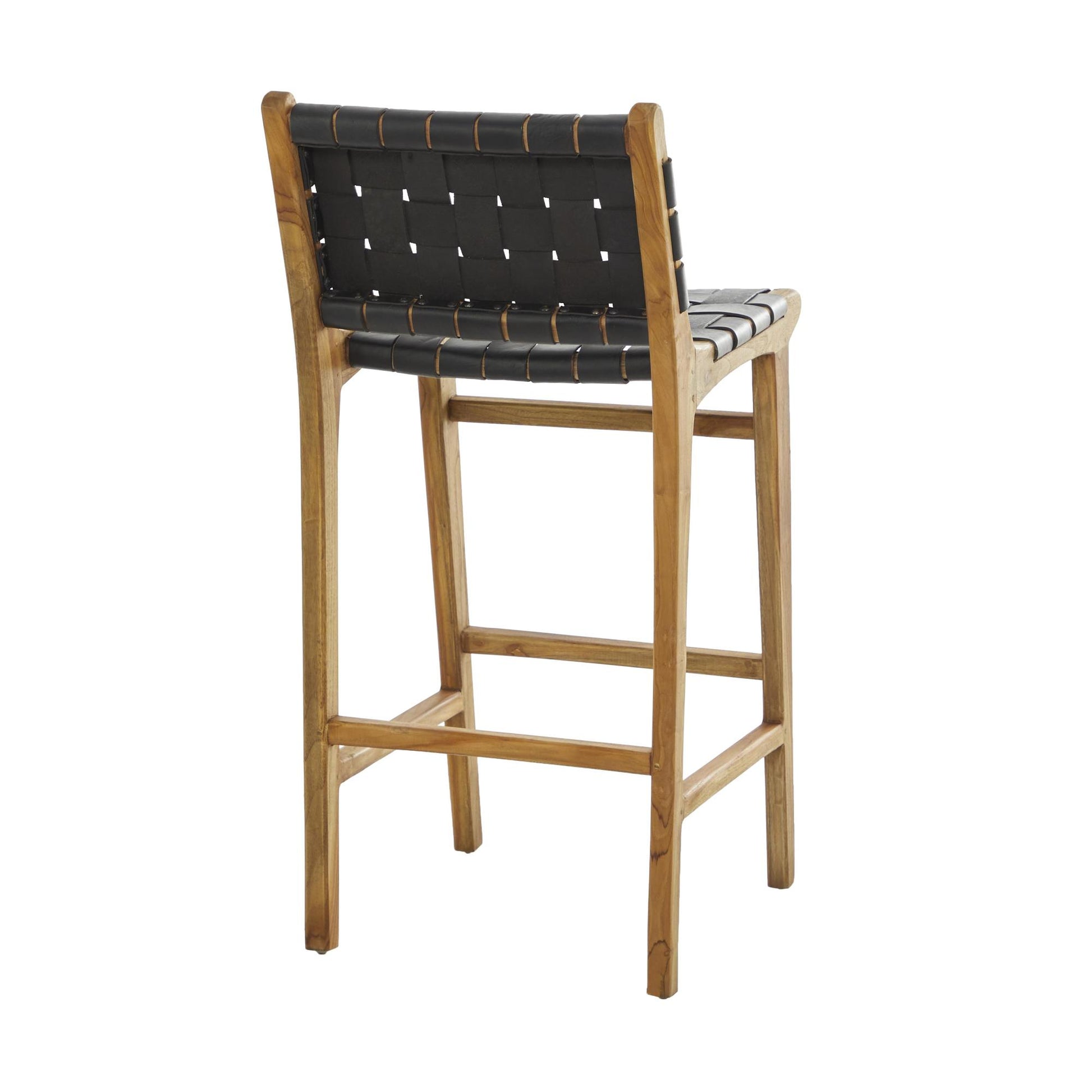 Teak Wood Woven Leather Seat and Back Kitchen Bar Stool with Beam Footrest