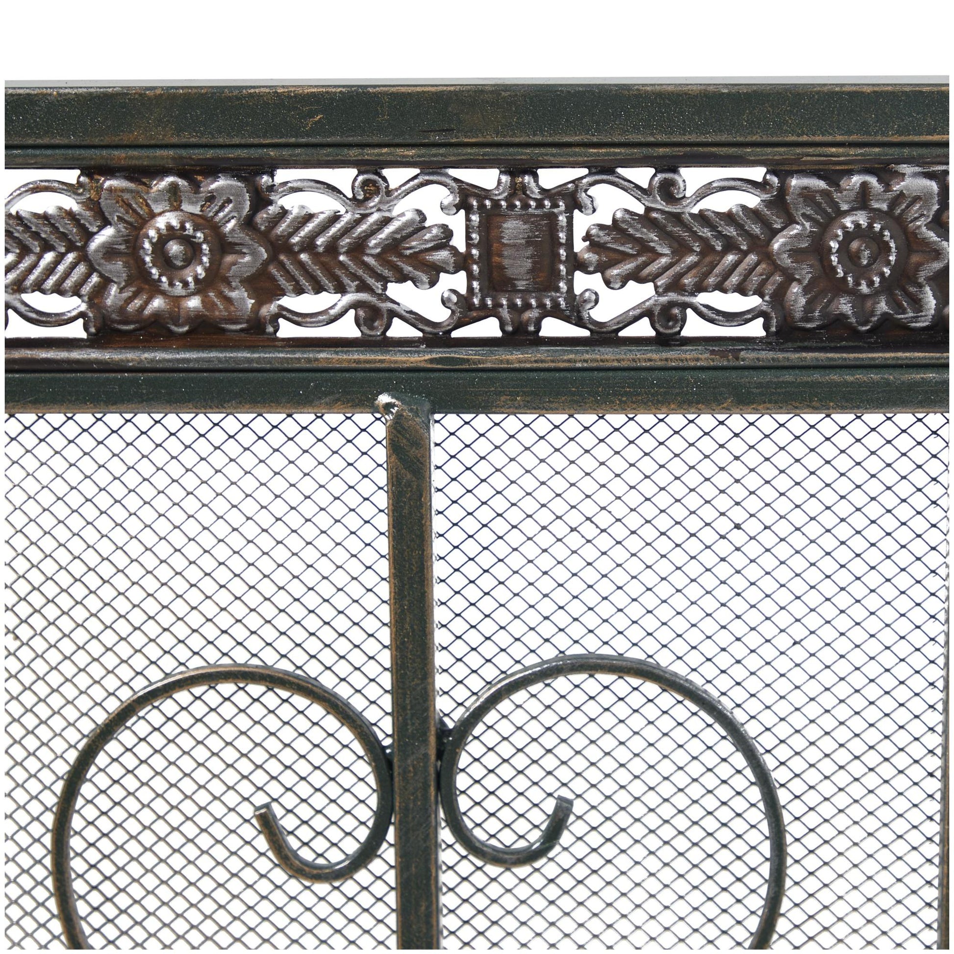 Fleur De Lis Green Metal Foldable Arched 3 Panel Living Room Fireplace Screen