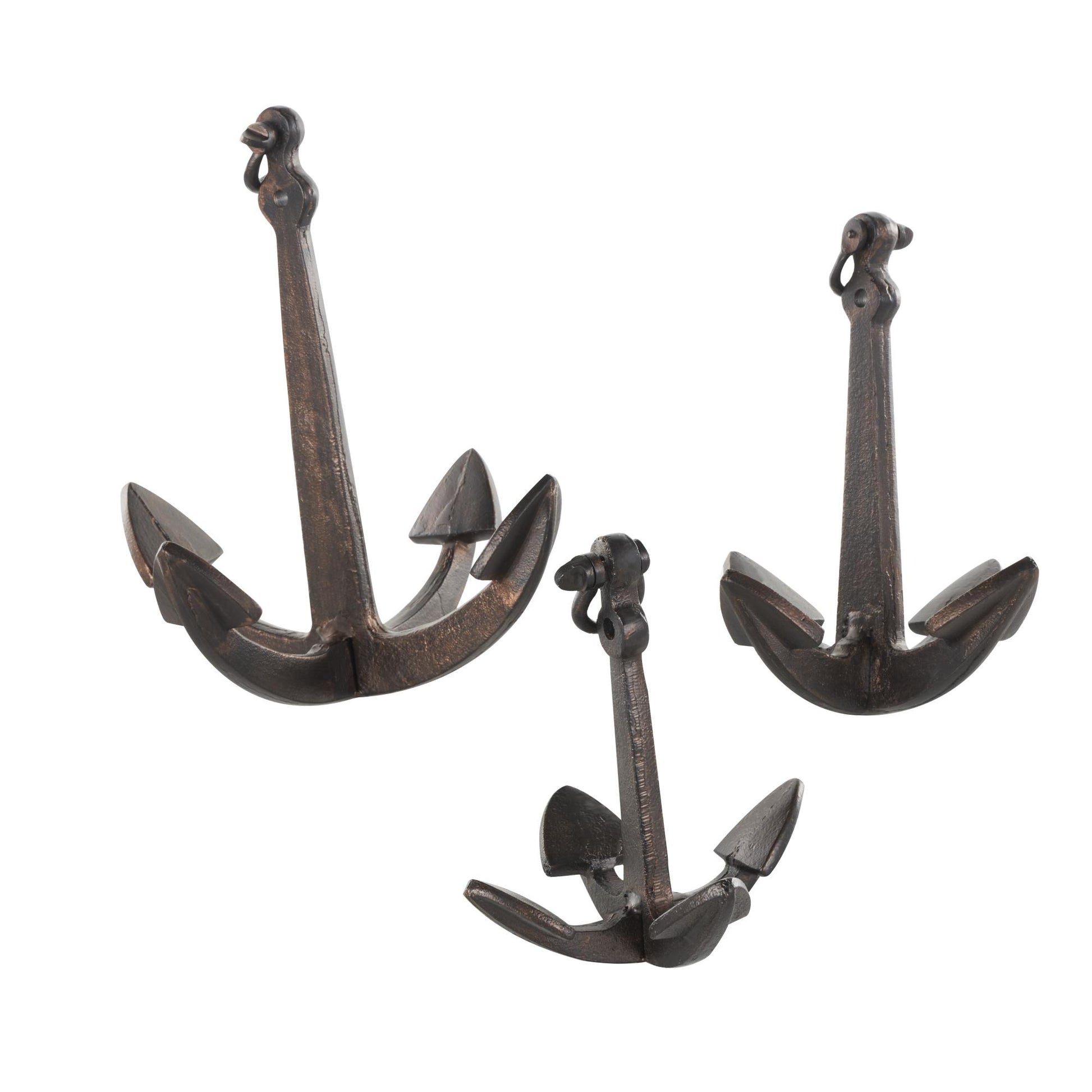 Set of 3 Anchor Copper Aluminum Metal Weathered Decorative Sculpture with Hanging Hook