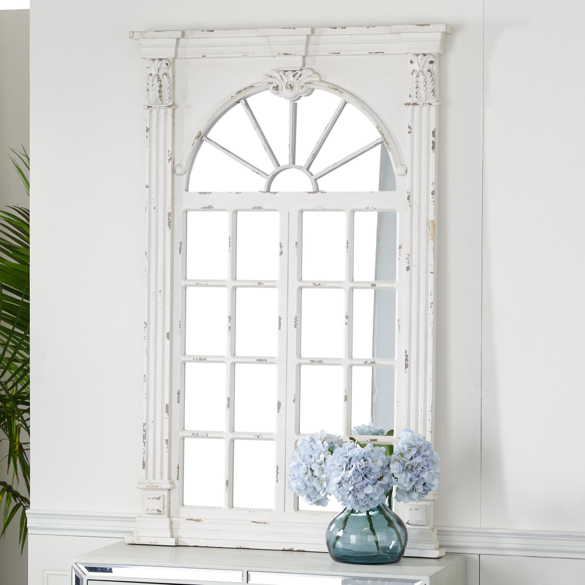 Cream Wood Distressed Vintage Scrolled Window Pane Room Wall Mirror with Arched Top and Columns