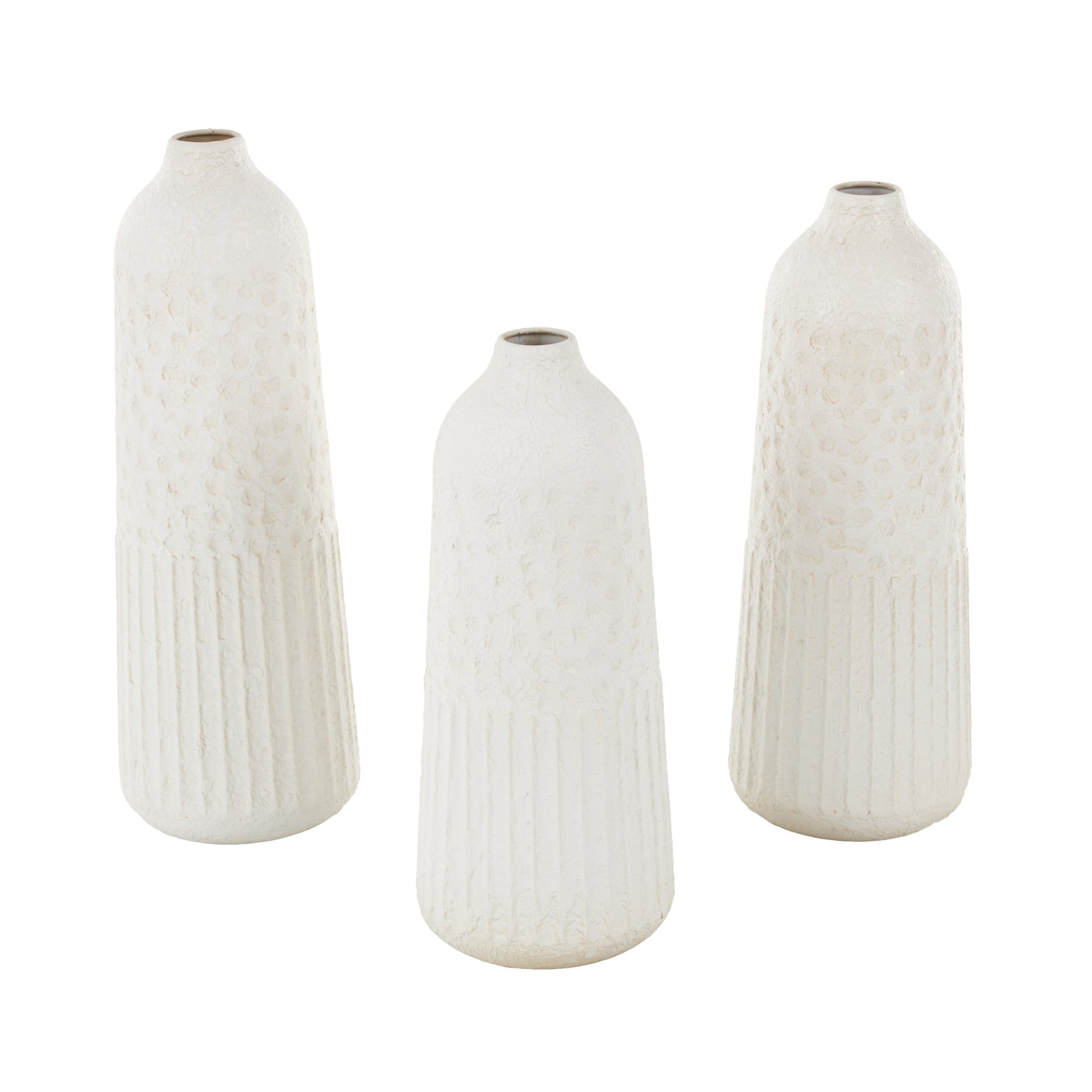 Set of 3 White Metal Textured Decorative Vase with Honeycomb Pattern