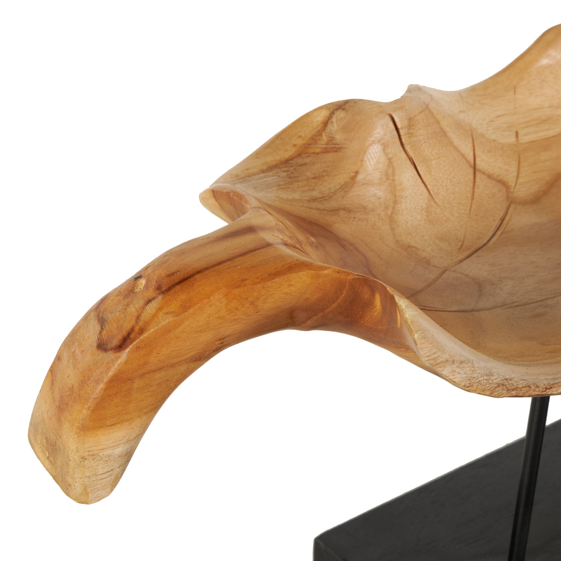 Leaf Brown Teak Wood Floating Decorative Sculpture with Black Stand and Base
