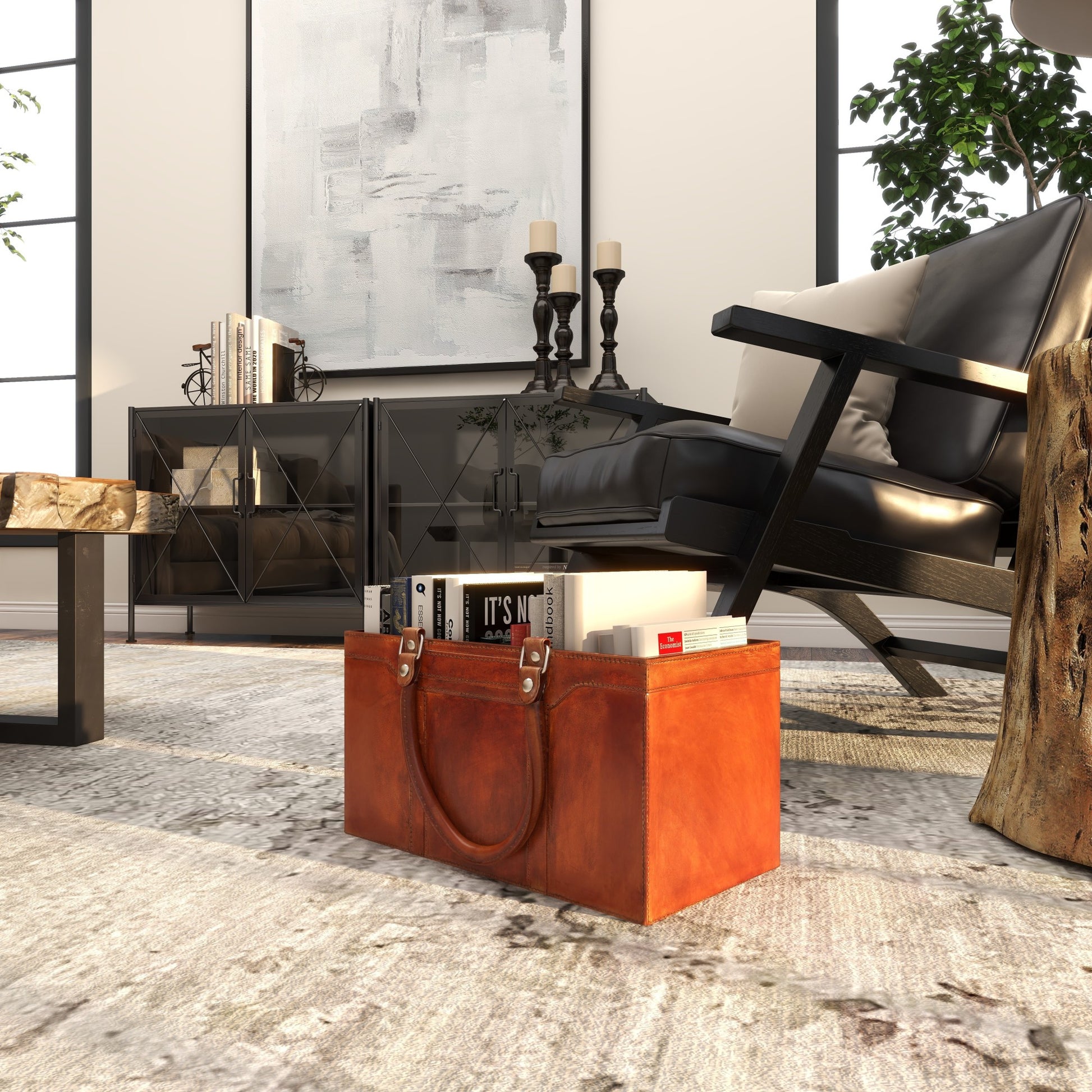 Brown Leather Handmade Box Style Decorative Magazine Holder with Detail Stitching and Curved Handles