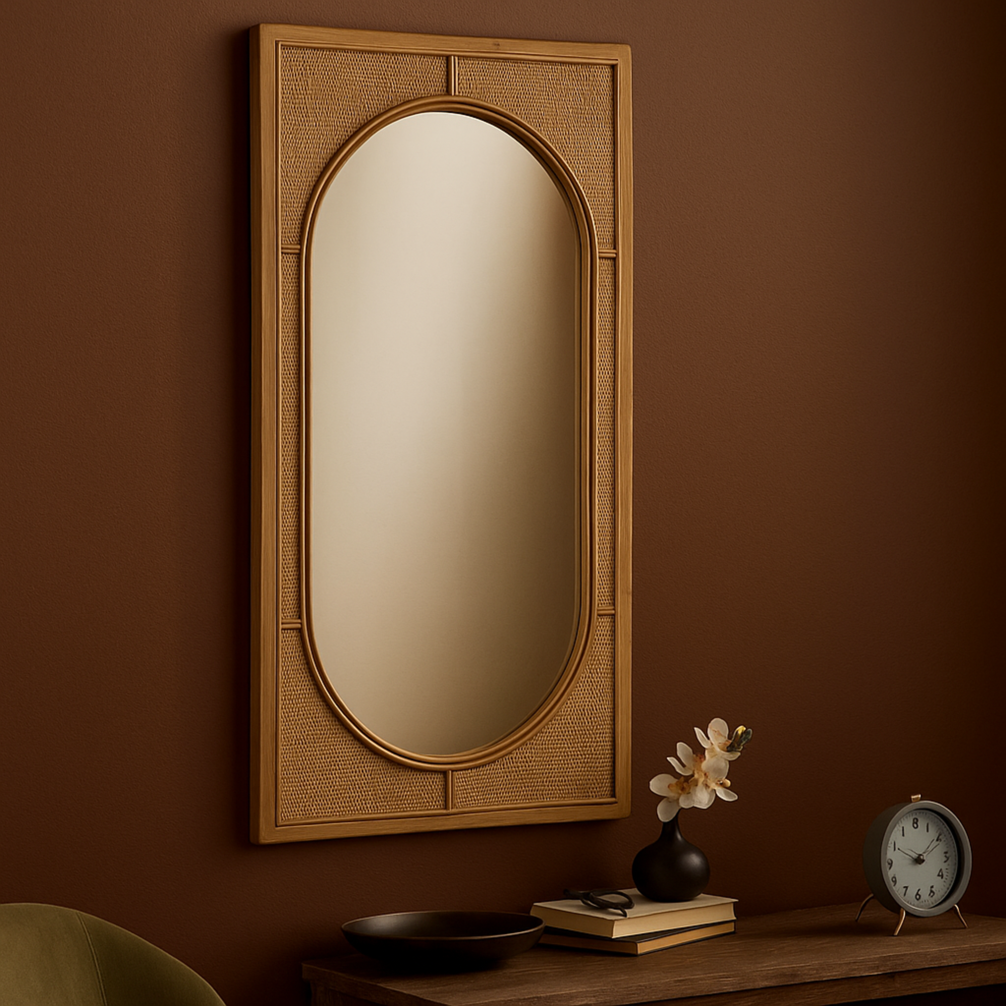 Brown Rattan Room Wall Mirror with Oval Center