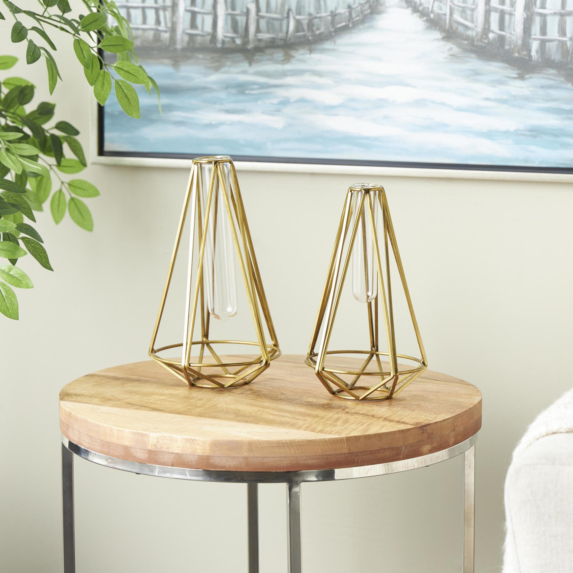 Set of 2 Geometric Gold Stainless Steel Metal Test Tube Decorative Vase