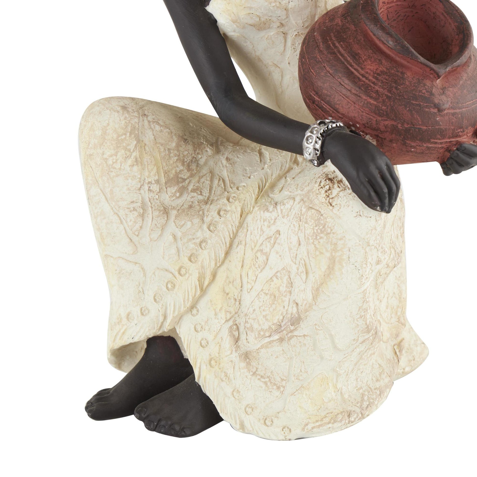 Woman Cream Polystone Sitting African Decorative Sculpture with Red Water Pot