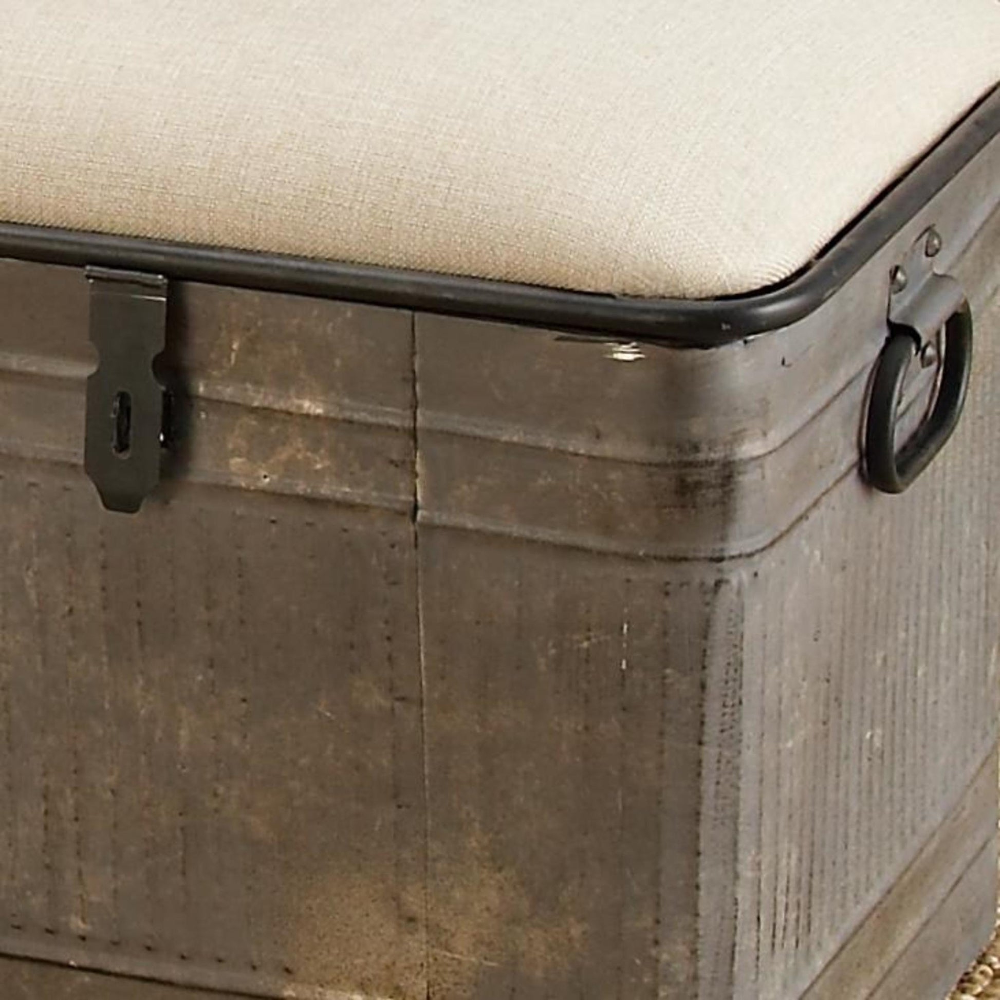 Gray Metal Galvanized Room Storage Bench with Cream Burlap Top and Black Latches