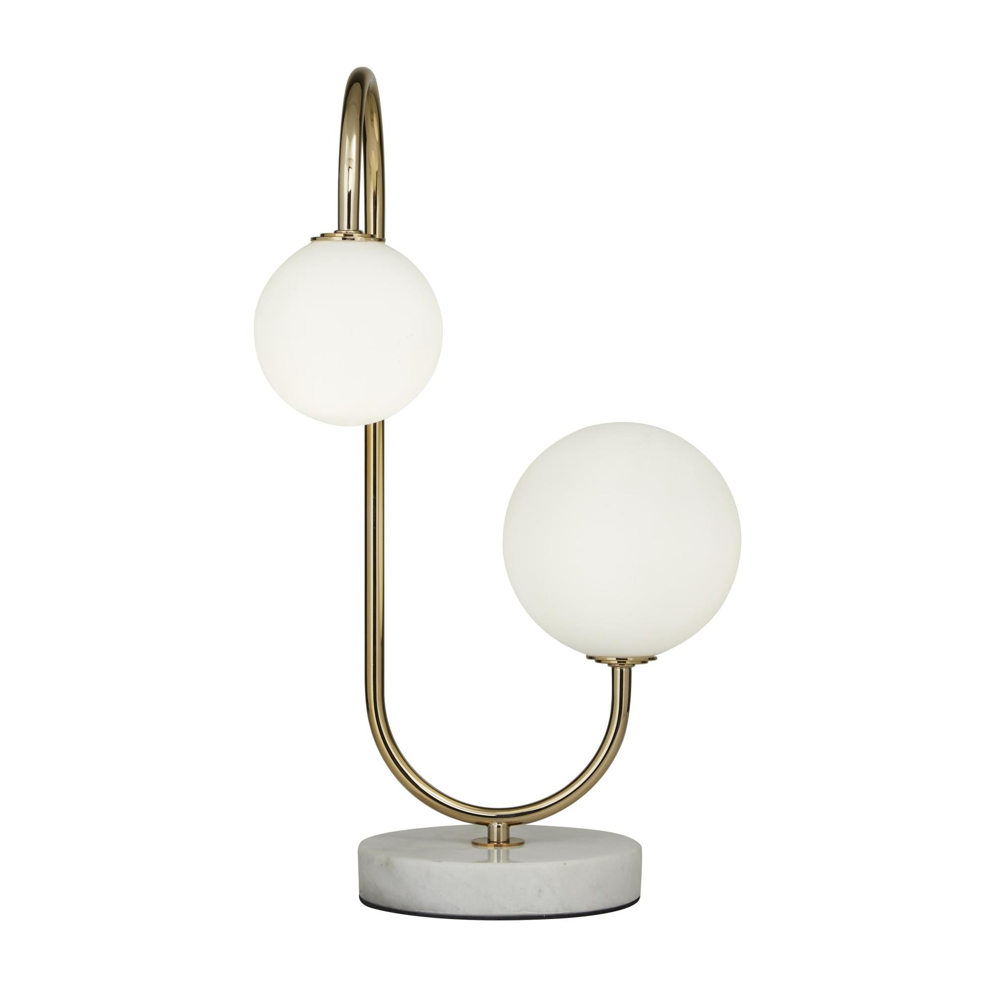Gold Metal Curved Orb 2 Light Room Table Lamp with White Glass Shades and Marble Base