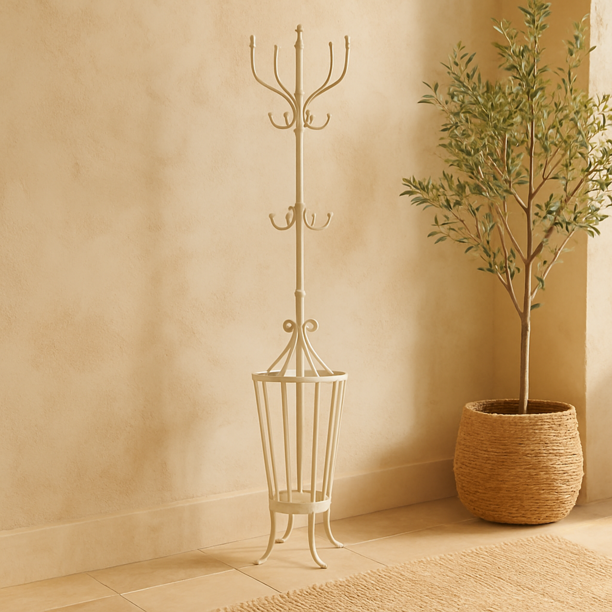 Scroll White Metal Vintage Style 12 Hook Freestanding Coat Rack with Umbrella Storage Base