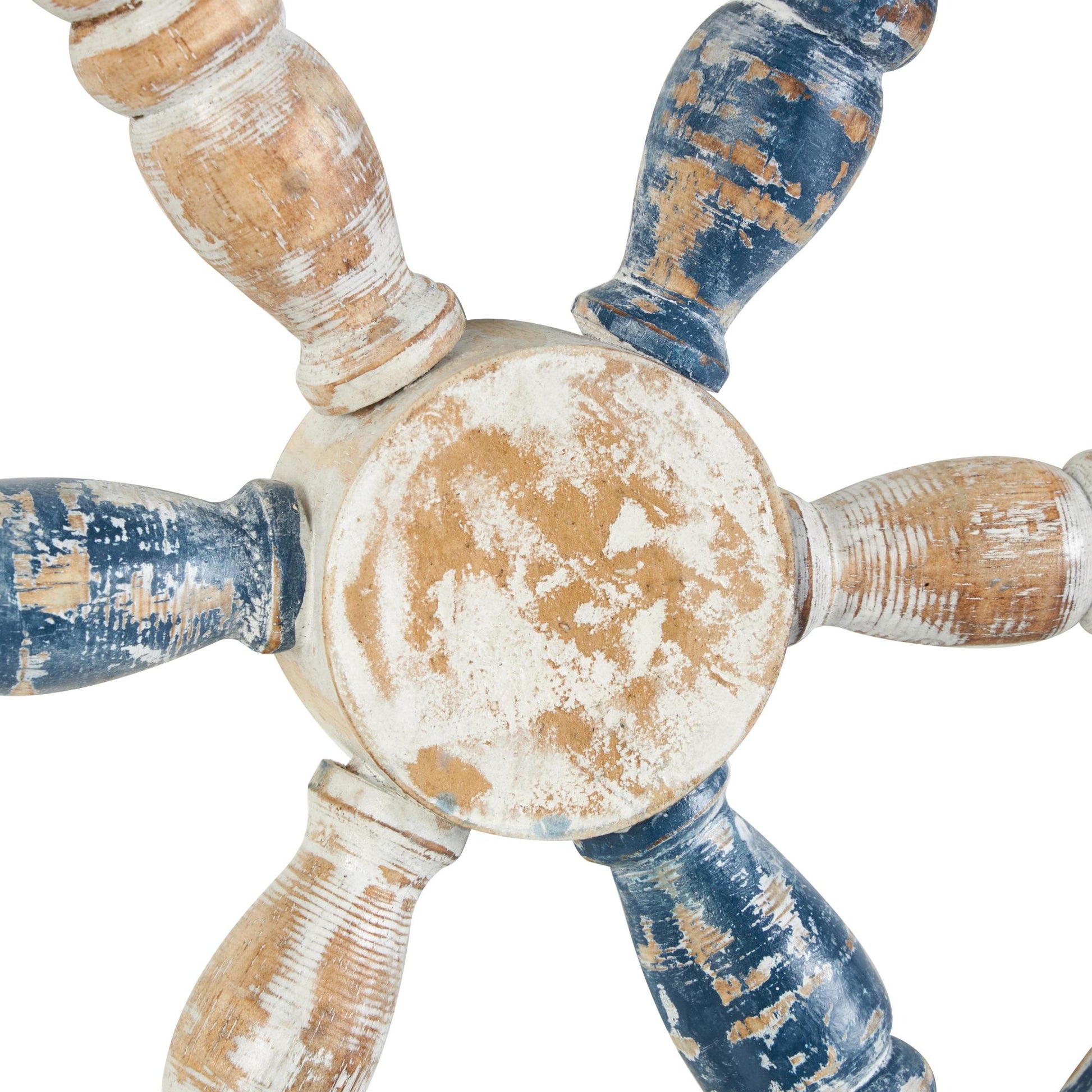 Ship Wheel Blue Wood Distressed Two-Toned Home Wall Decor with Brown Accents