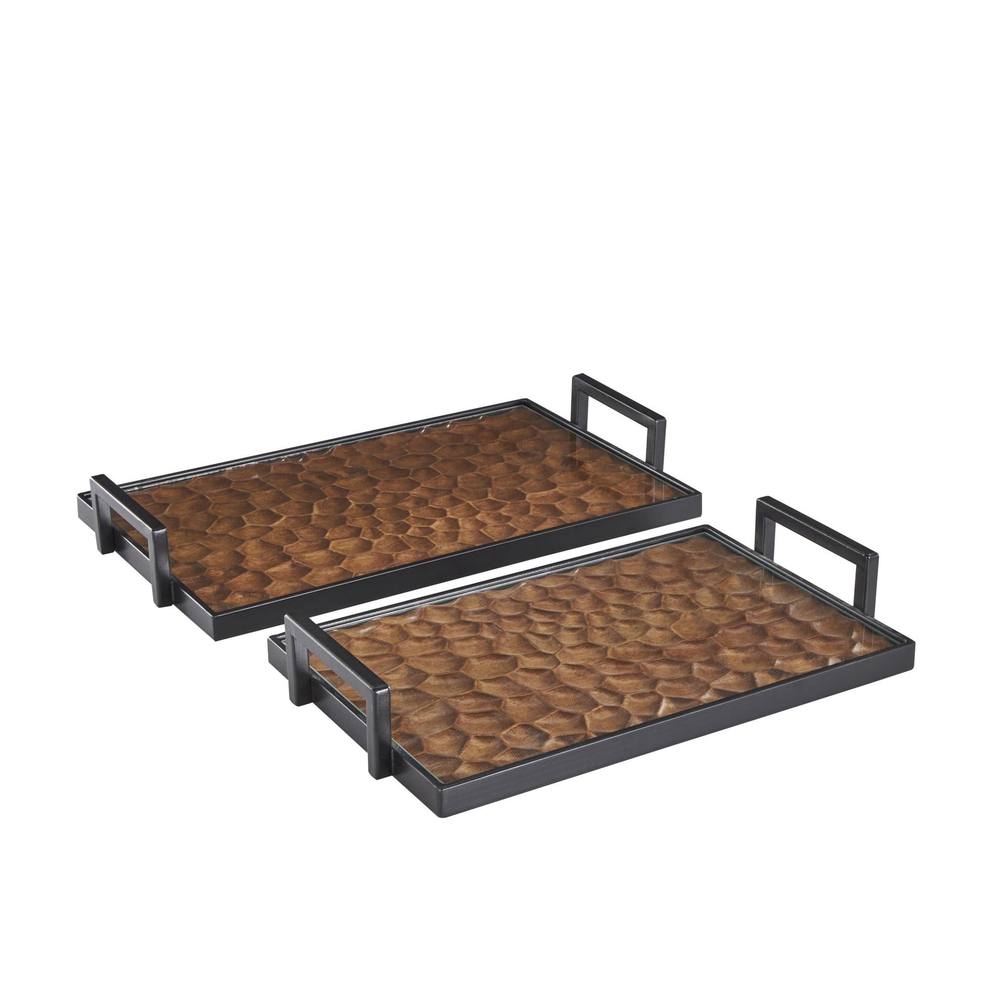 Set of 2 Brown Wood Handmade Carved Pebbled Bottom Living Room Decor Tray with Black handles
