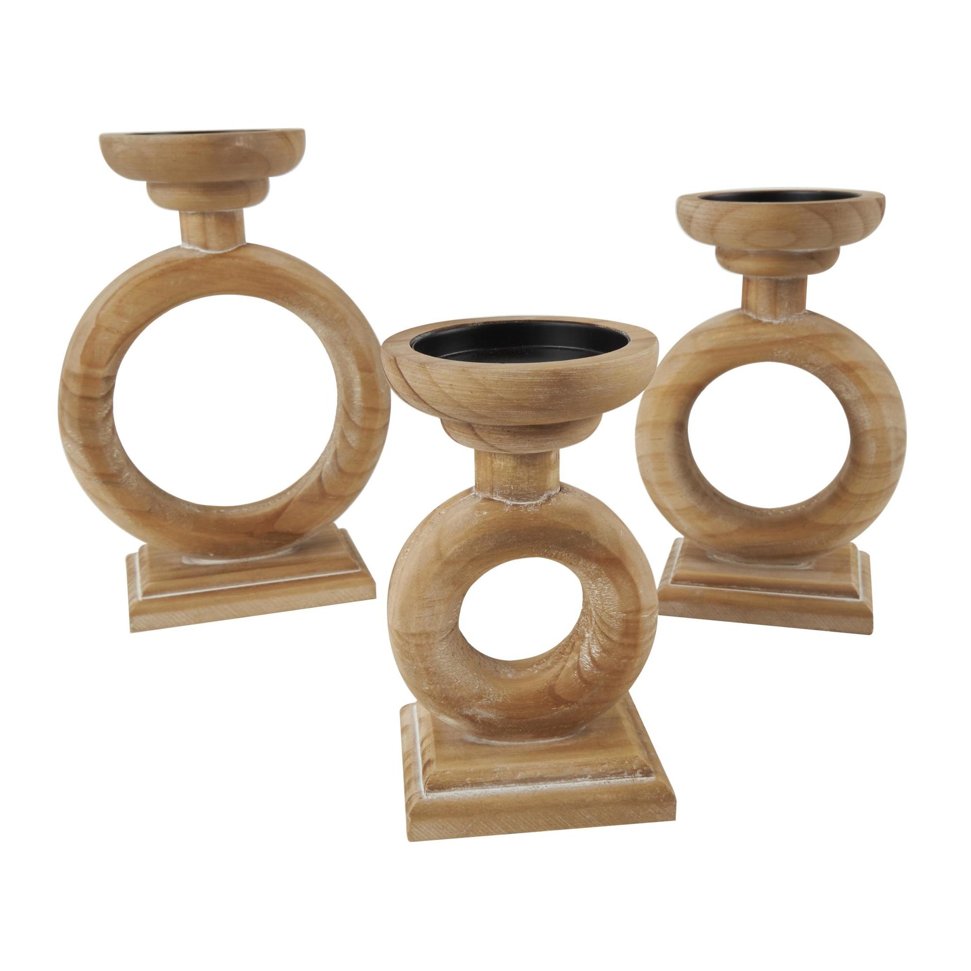 Set of 3 Brown Wood Circular Ring Decorative Candle Holder