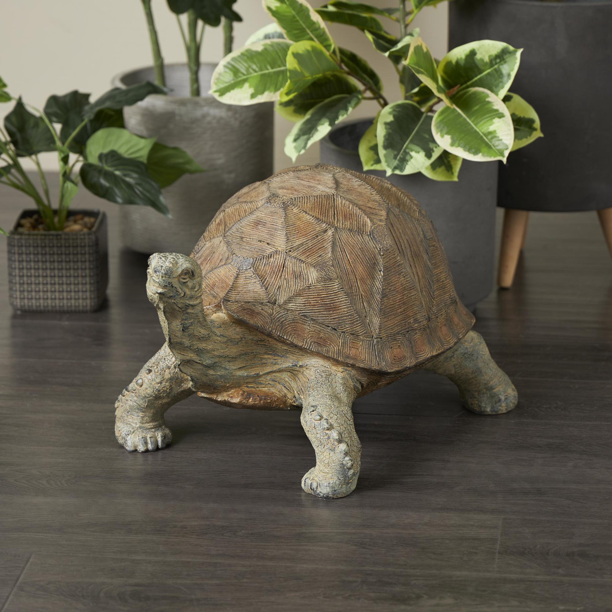 Turtle Brown Resin Distressed Textured Indoor Outdoor Garden Sculpture with Patterned Shell