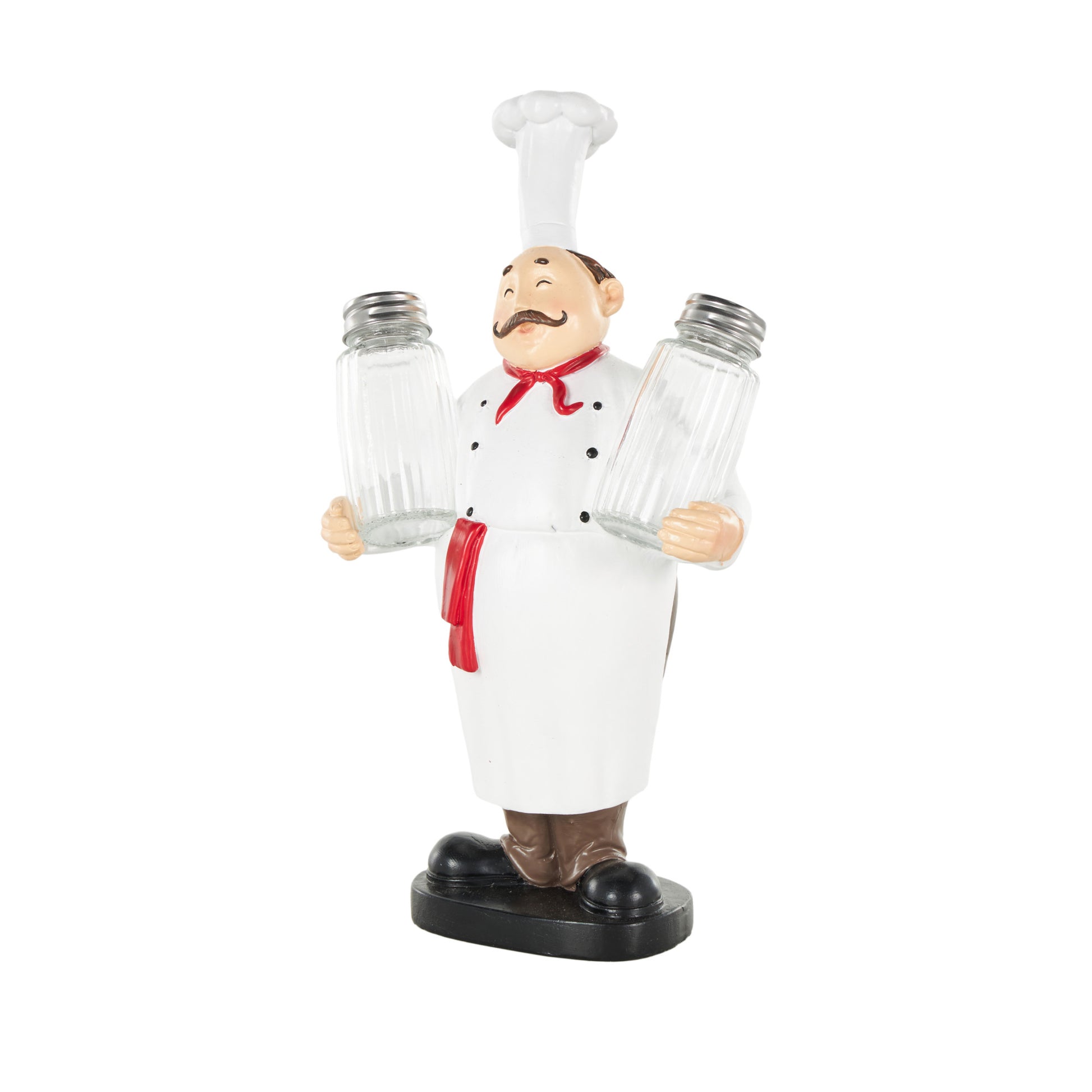 Chef White Polystone Kitchen Decorative Figurine Decorative Salt and Pepper Shaker Holder with Red Accents