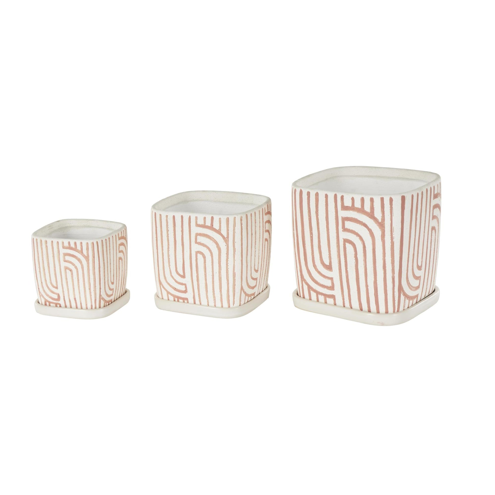 Set of 3 Geometric Ceramic Arched Patterned Indoor Outdoor Planter with Attached Saucer