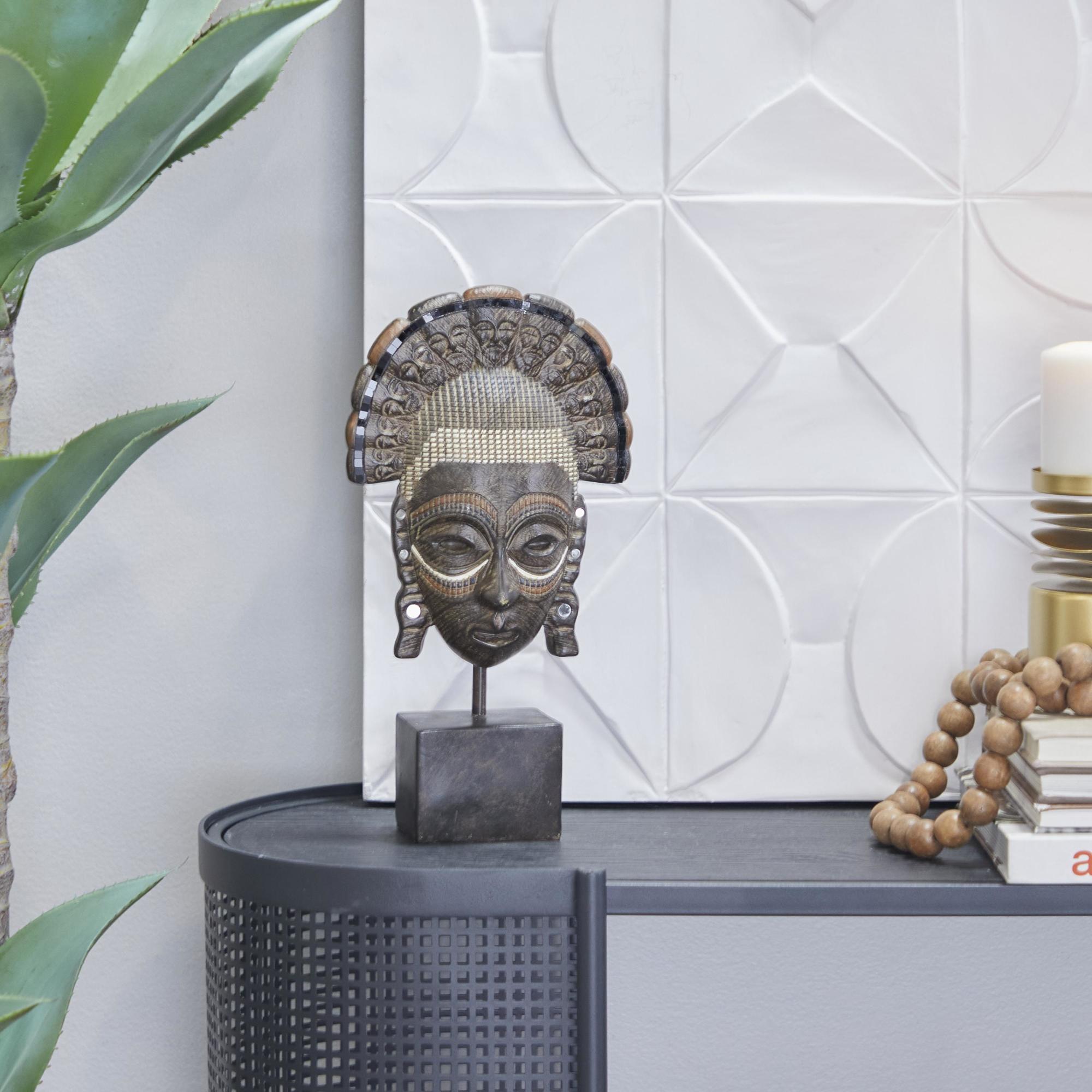 Mask Brown Polystone African Tribal Decorative Sculpture with Rust and Navy Carvings and Block Base