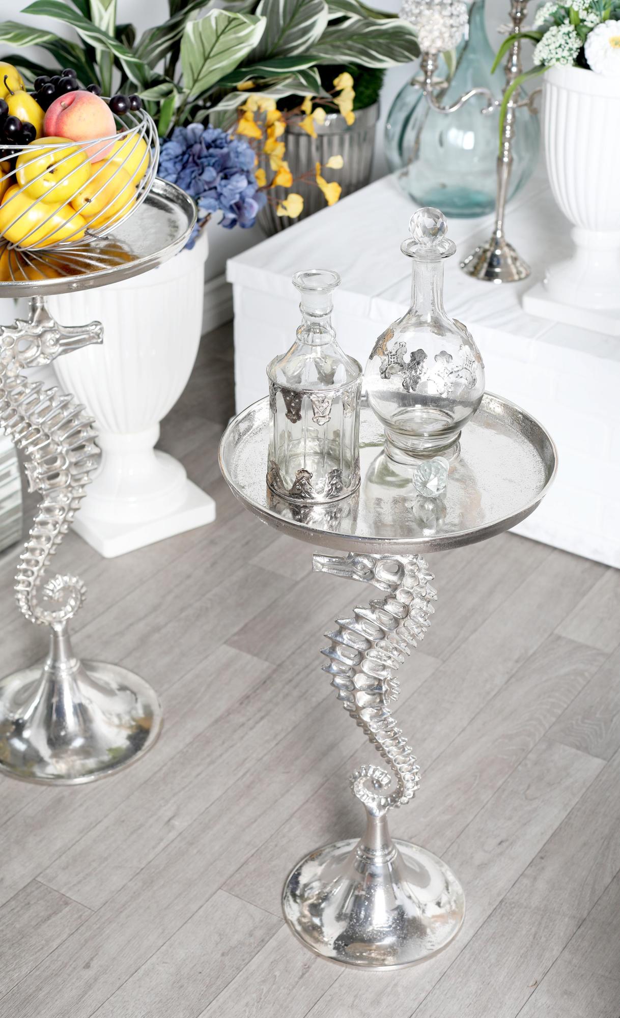 Sea Horse Aluminum Metal Side End Accent Table with Black Marble Table Top 13" x 13" x 25"