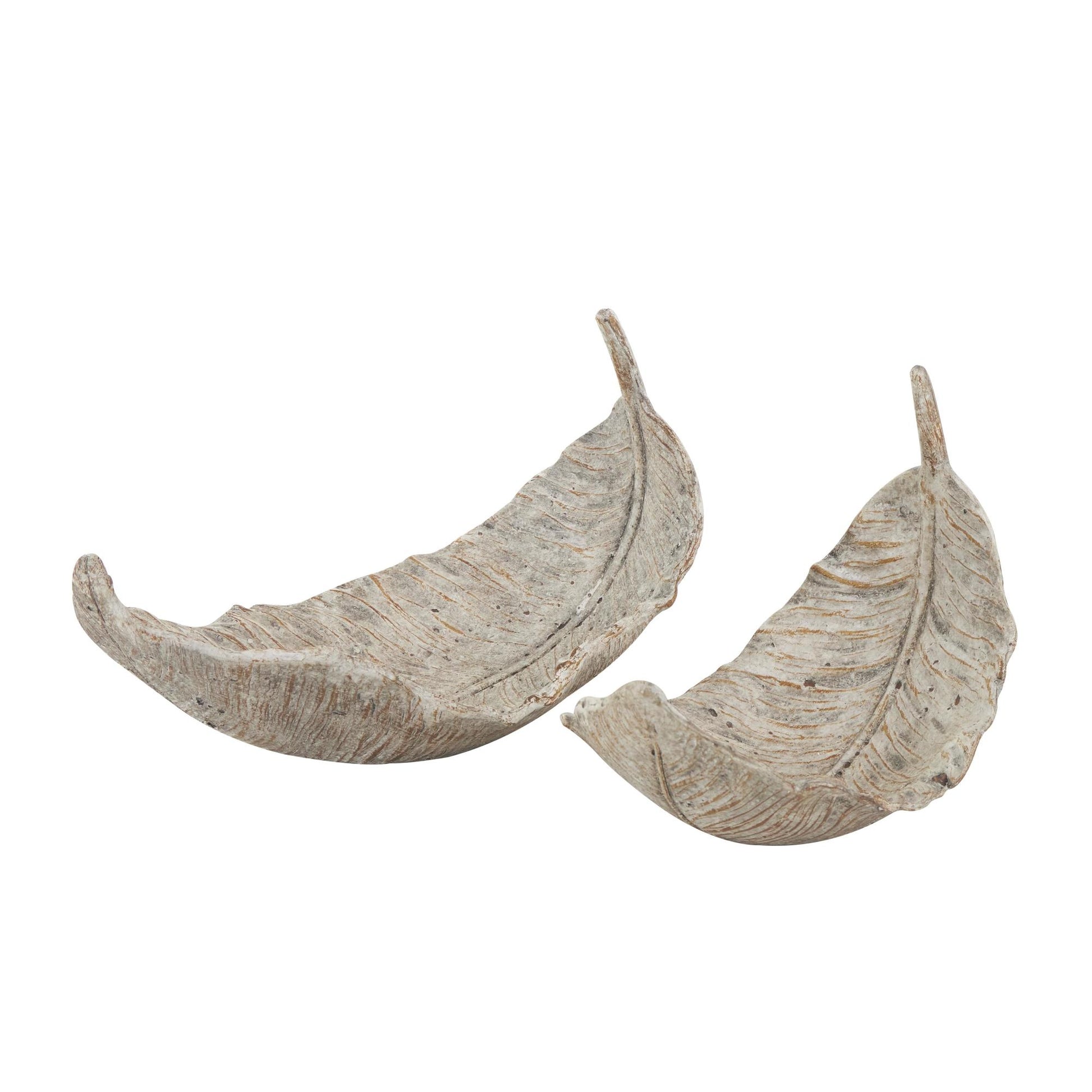 Set of 2 Leaf Champagne Resin Textured Large Decorative Bowl with Brown Details