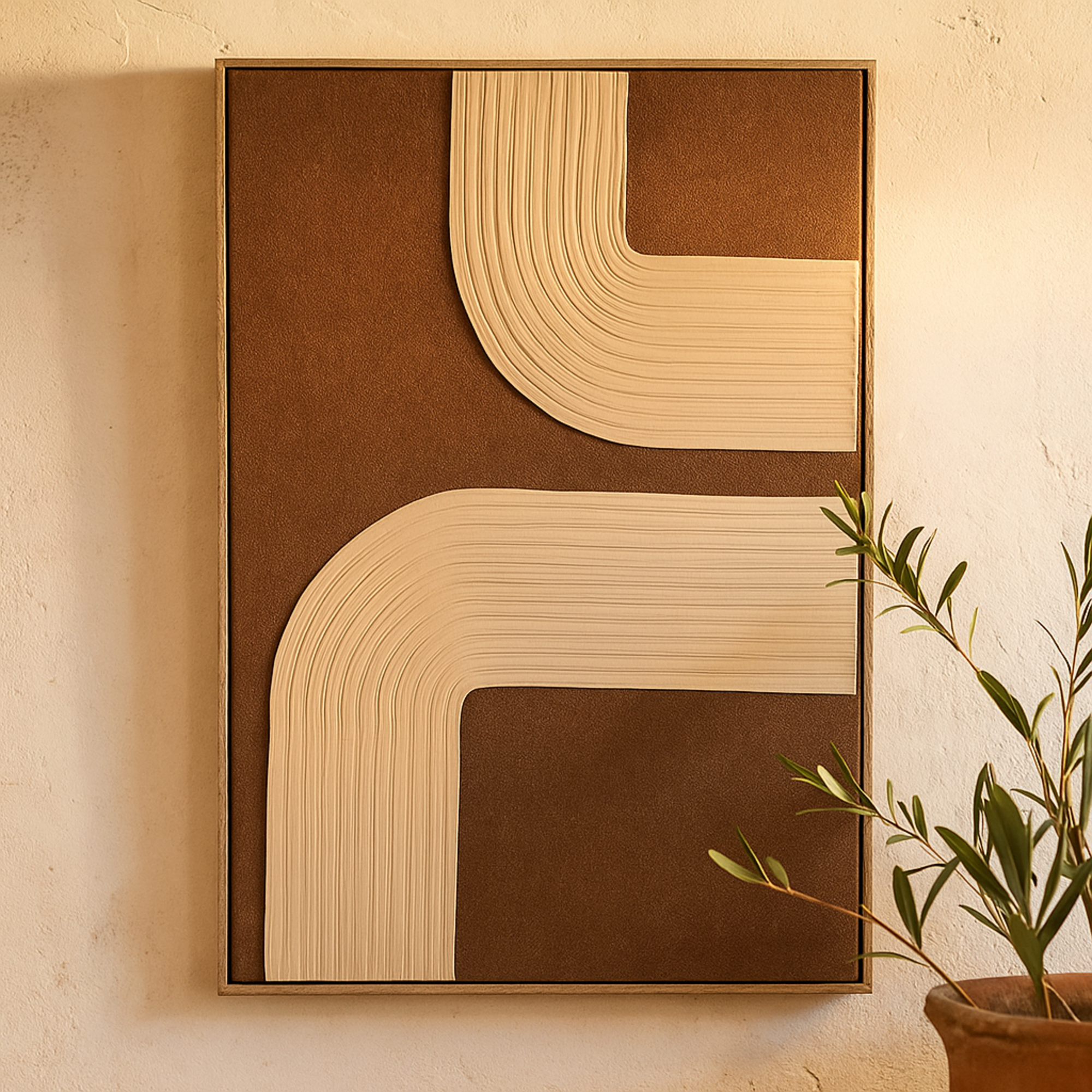 Abstract Brown Polyester Living Room Framed Wall Art with Tan Ribbed Arches