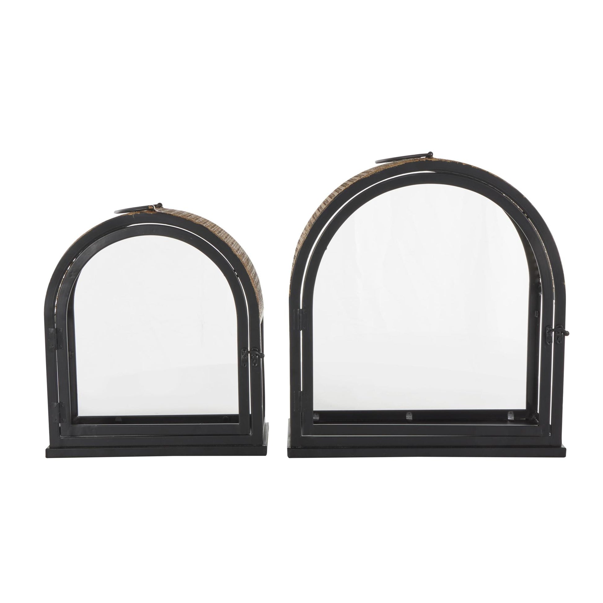 Set of 2 Black Metal Arched Indoor Outdoor Candle Lantern with Cane Inspired Gold Tops