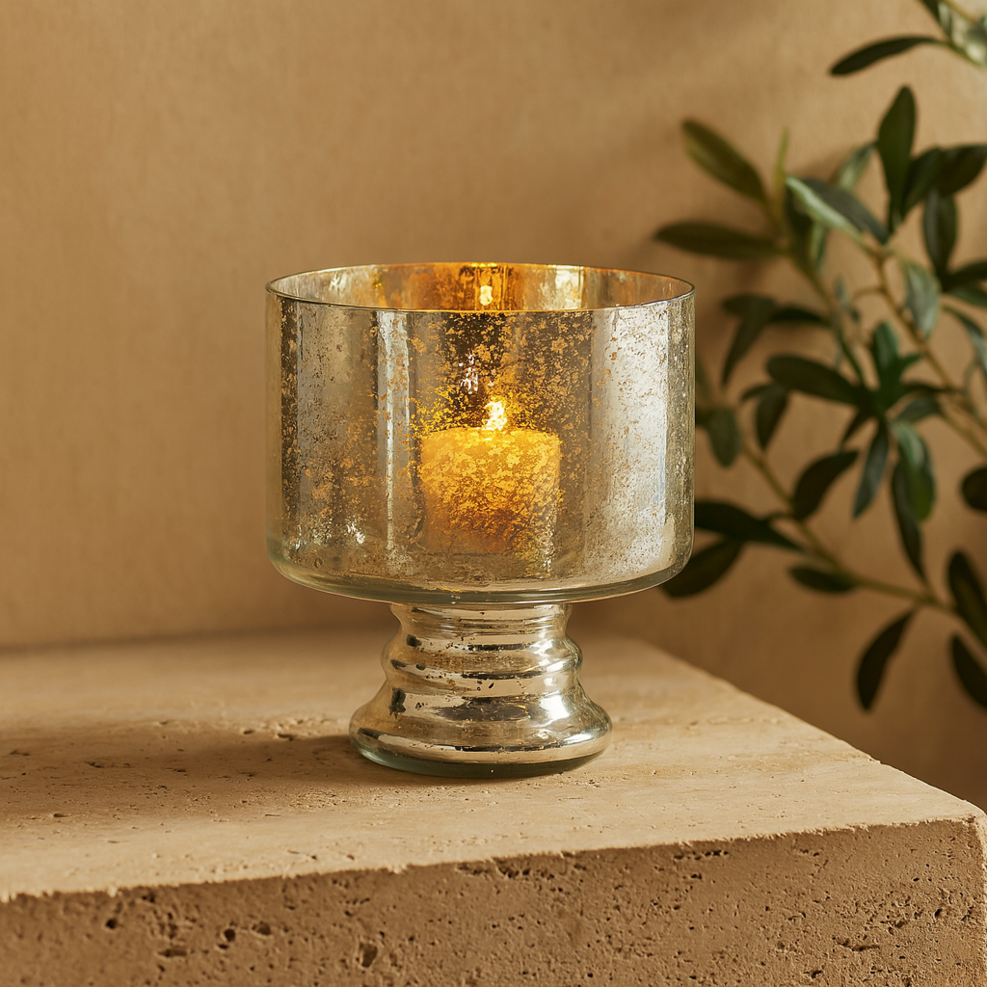 Silver Glass Handmade Turned Style Pillar Room Hurricane Lamp with Faux Mercury Glass Finish