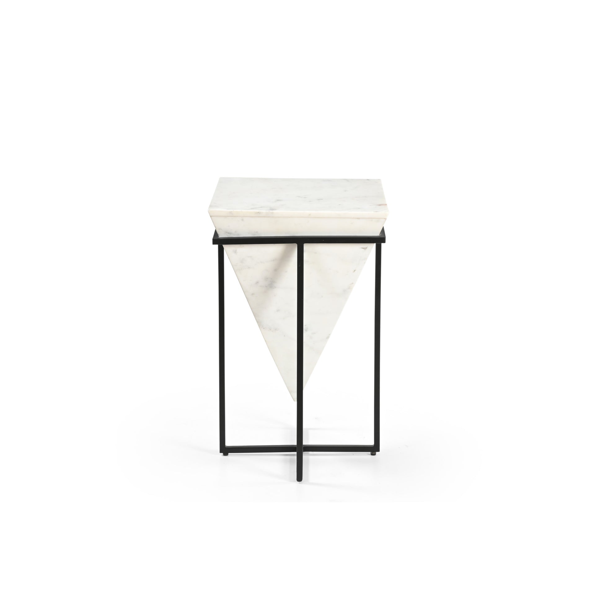 Geometric White Marble Pyramid Side End Accent Table with Black Iron X Cross Legs