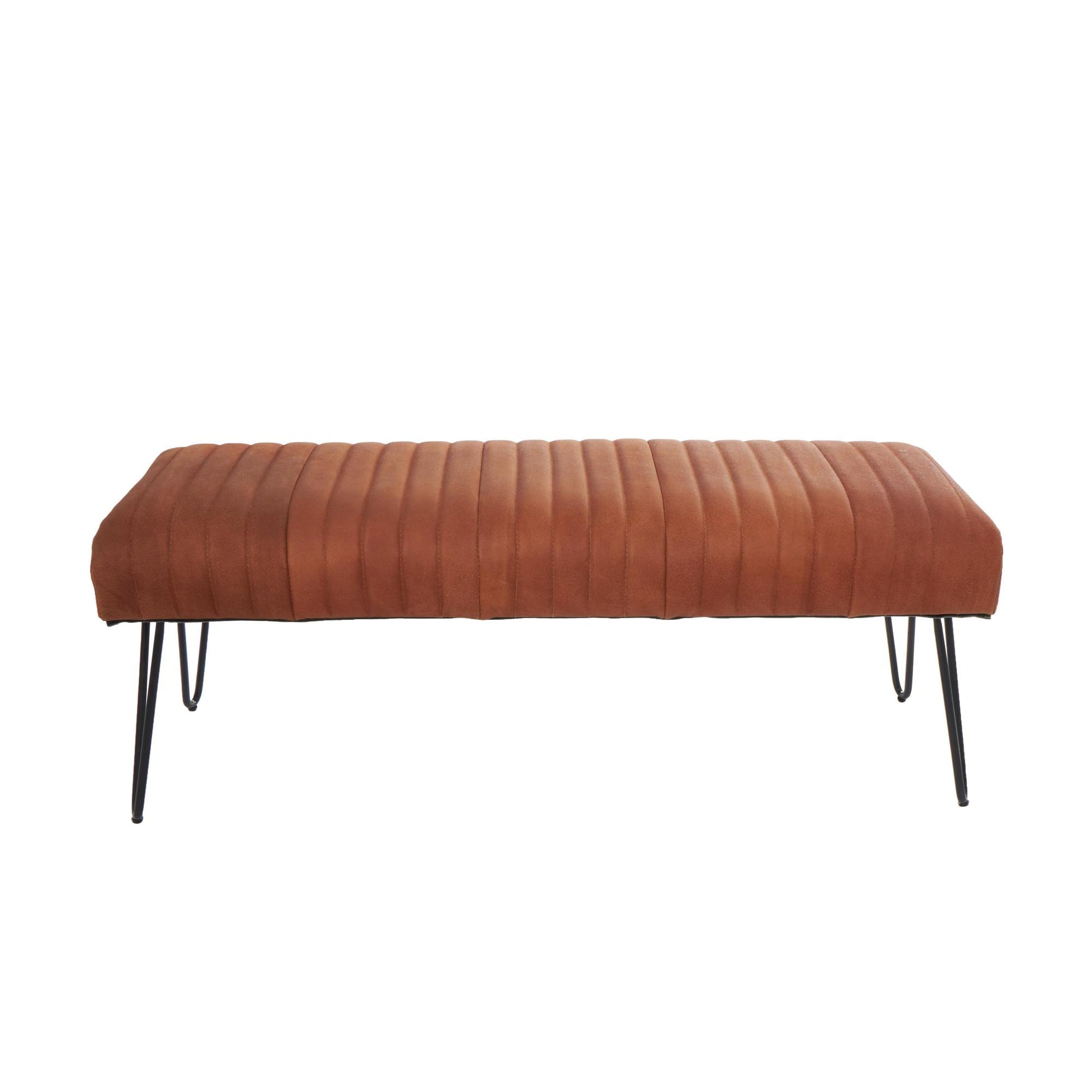 Leather Upholstered Home Bench with Linear Tufted Panels and Black Metal Hairpin Legs