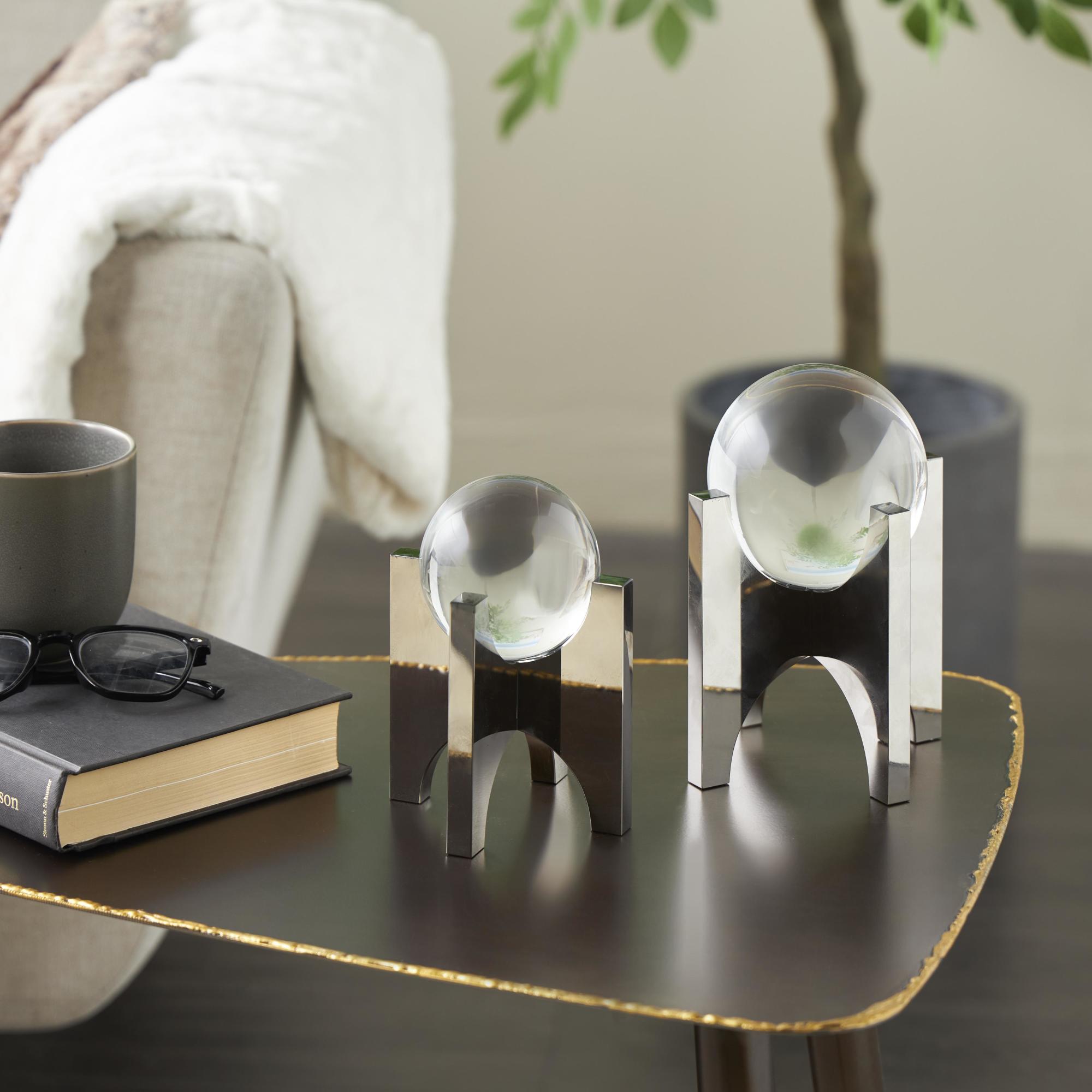 Geometric Silver Glass Orb Decorative Sculpture with Clear Orb and X-Shaped Holder