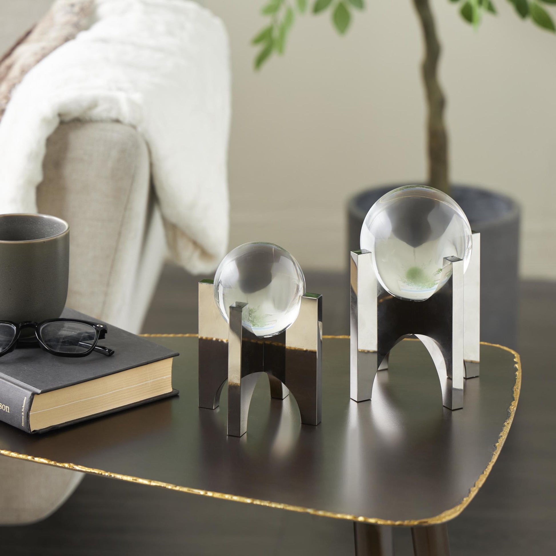 Geometric Silver Glass Orb Decorative Sculpture with Clear Orb and X-Shaped Holder