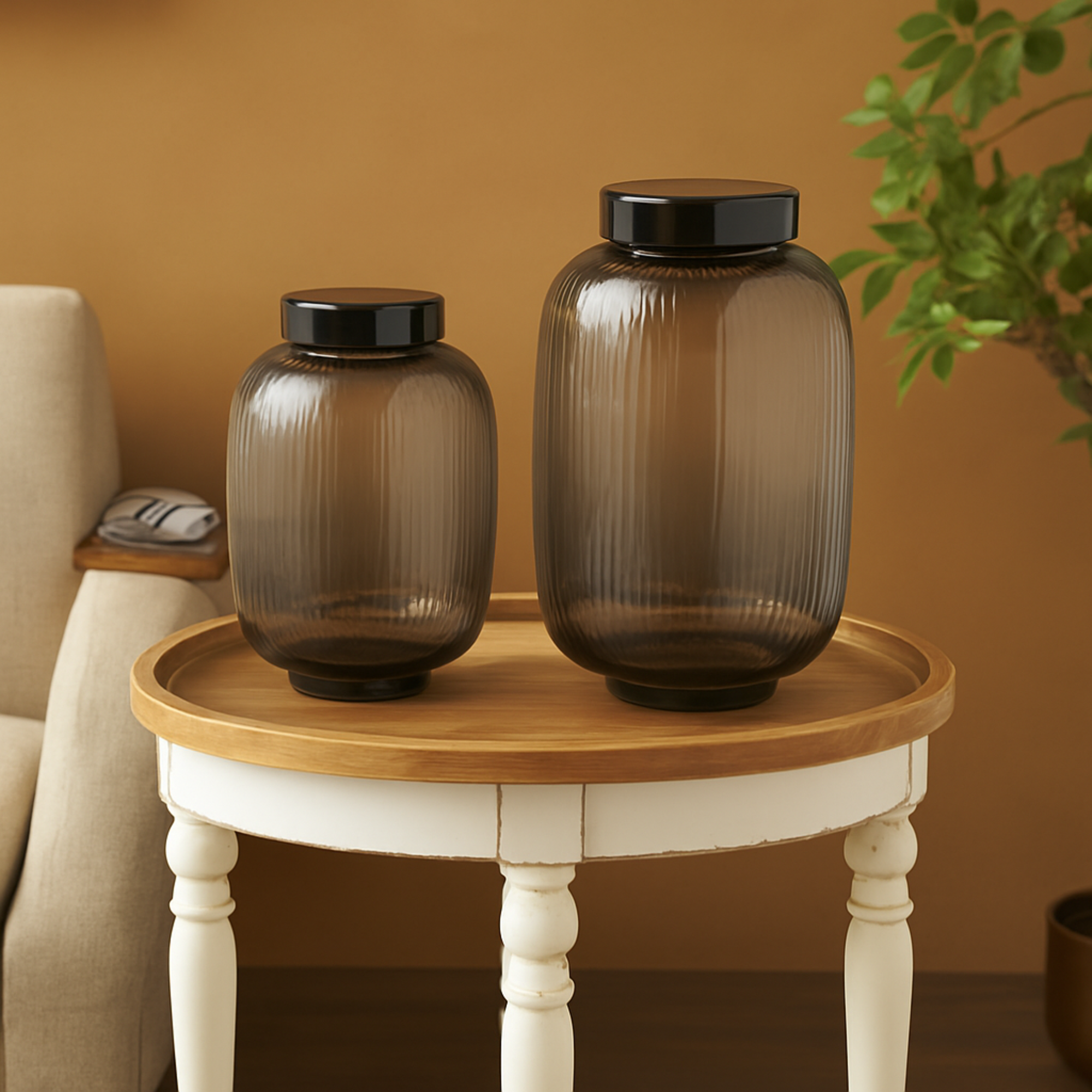 Set of 2 Black Glass Textured Ombre Decorative Vase