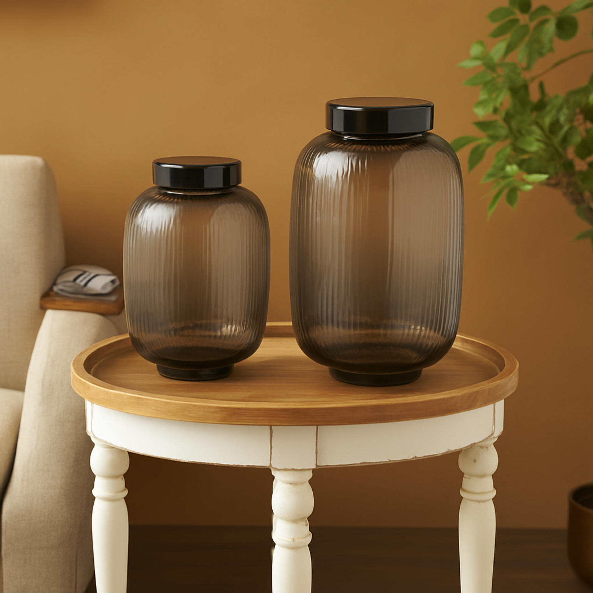 Set of 2 Black Glass Textured Ombre Decorative Vase