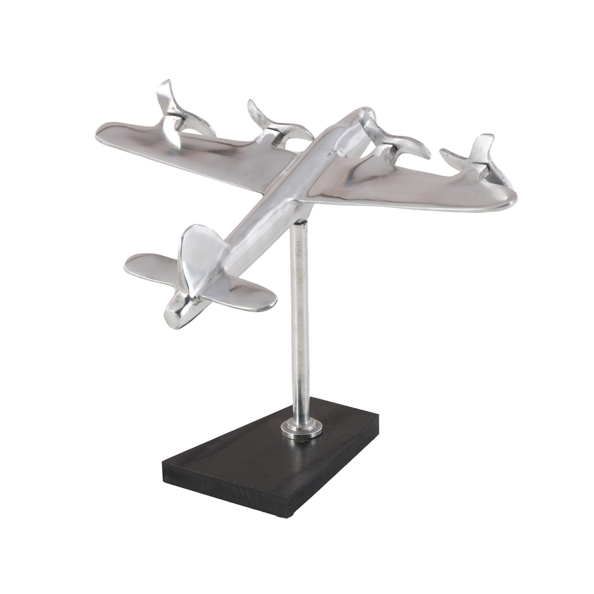 Airplane Silver Aluminum Metal Decorative Sculpture with Black Base