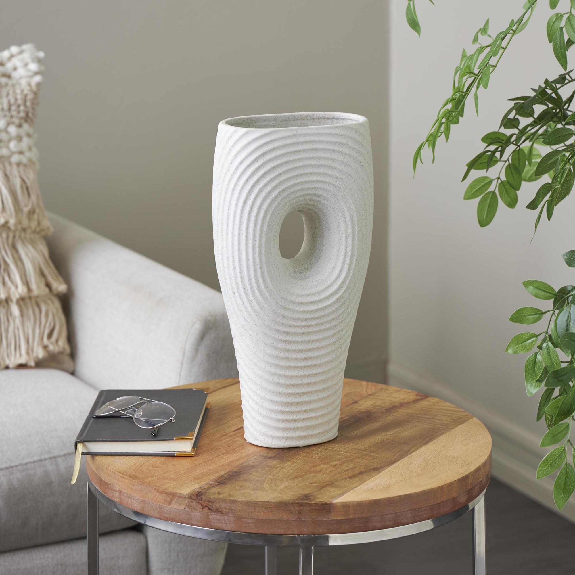 Abstract White Ceramic Ribbed Ring Cutout Decorative Vase with Glossy Speckled Texture
