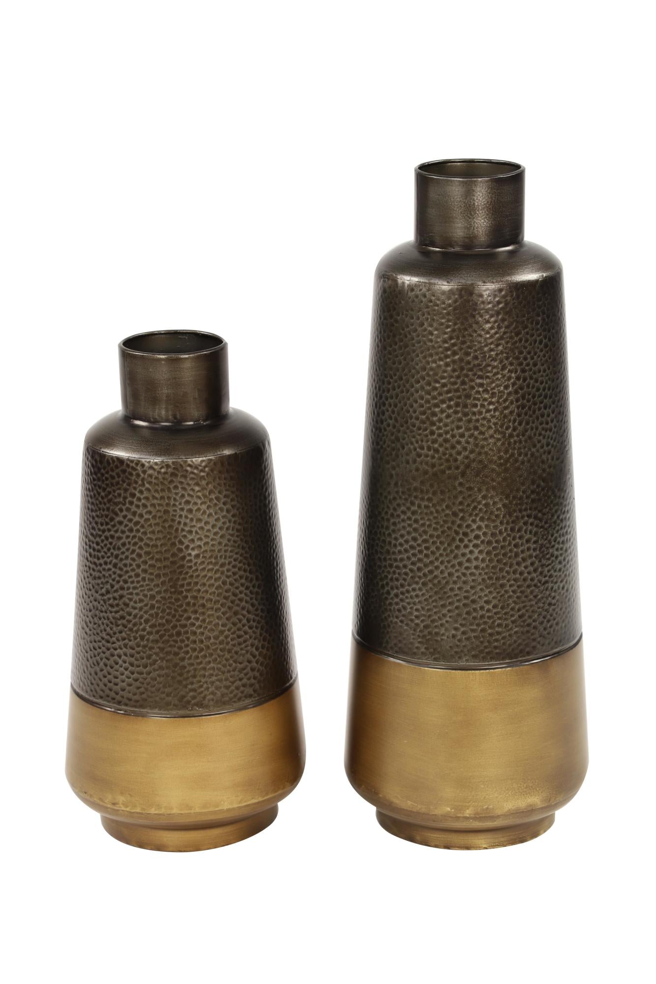 Set of 2 Dark Gray Metal Decorative Vase with Gold Base