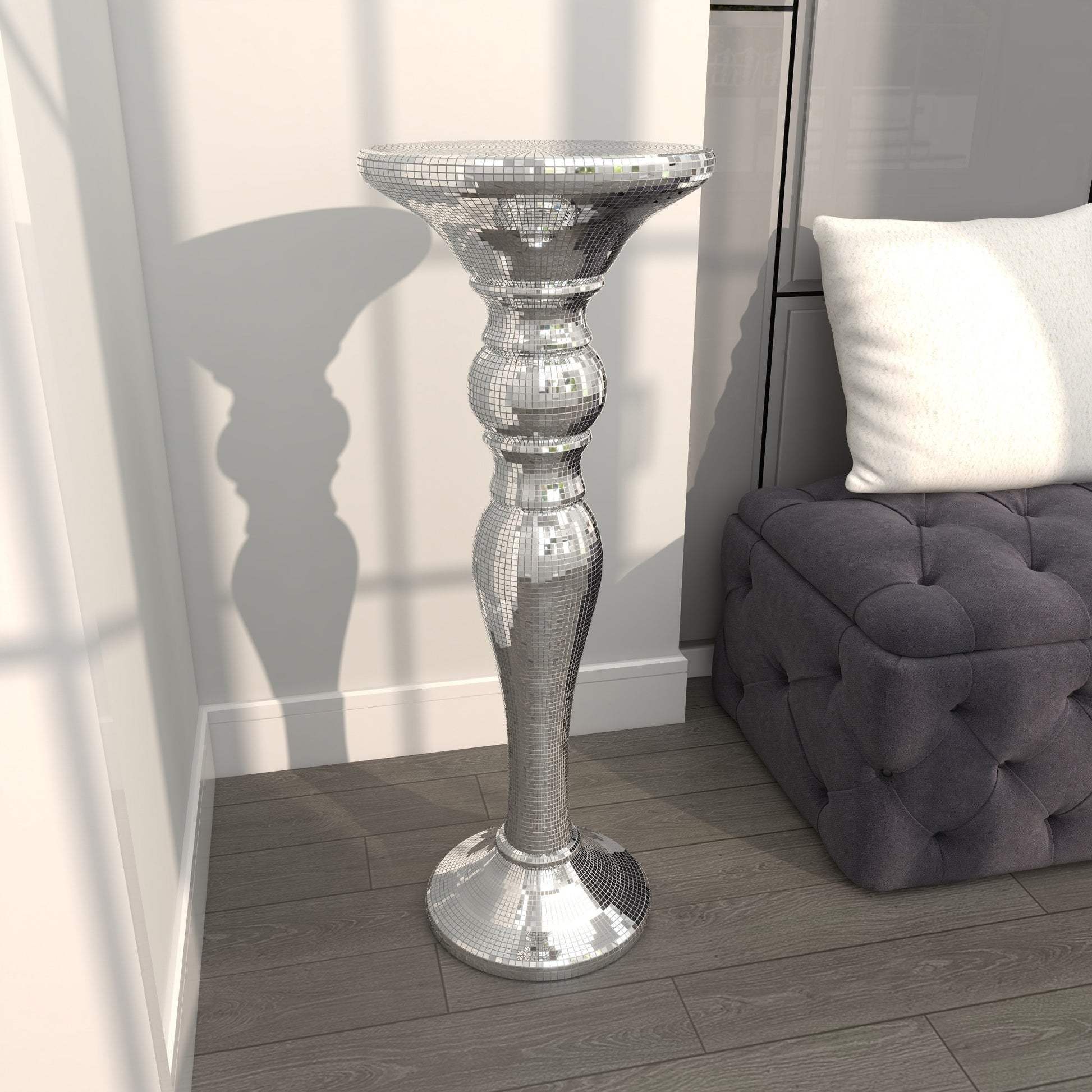 Silver Glass Mosaic Mirrored Turned Floor Side End Pedestal Table