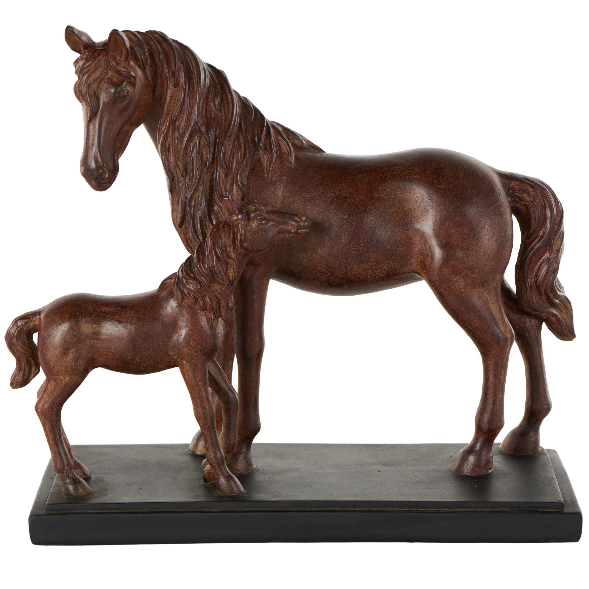 Horse Dark Brown Ceramic Mom and Baby Decorative Sculpture with Black Rectangle Base