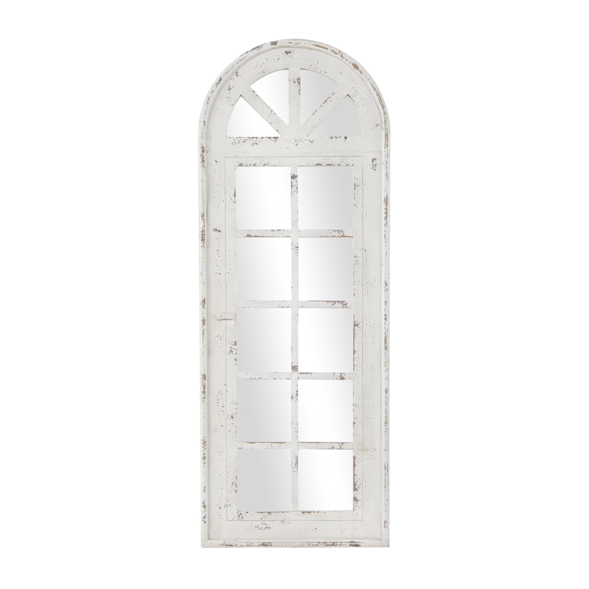 White Wooden Window Pane Inspired Room Wall Mirror with Arched Top and Distressing